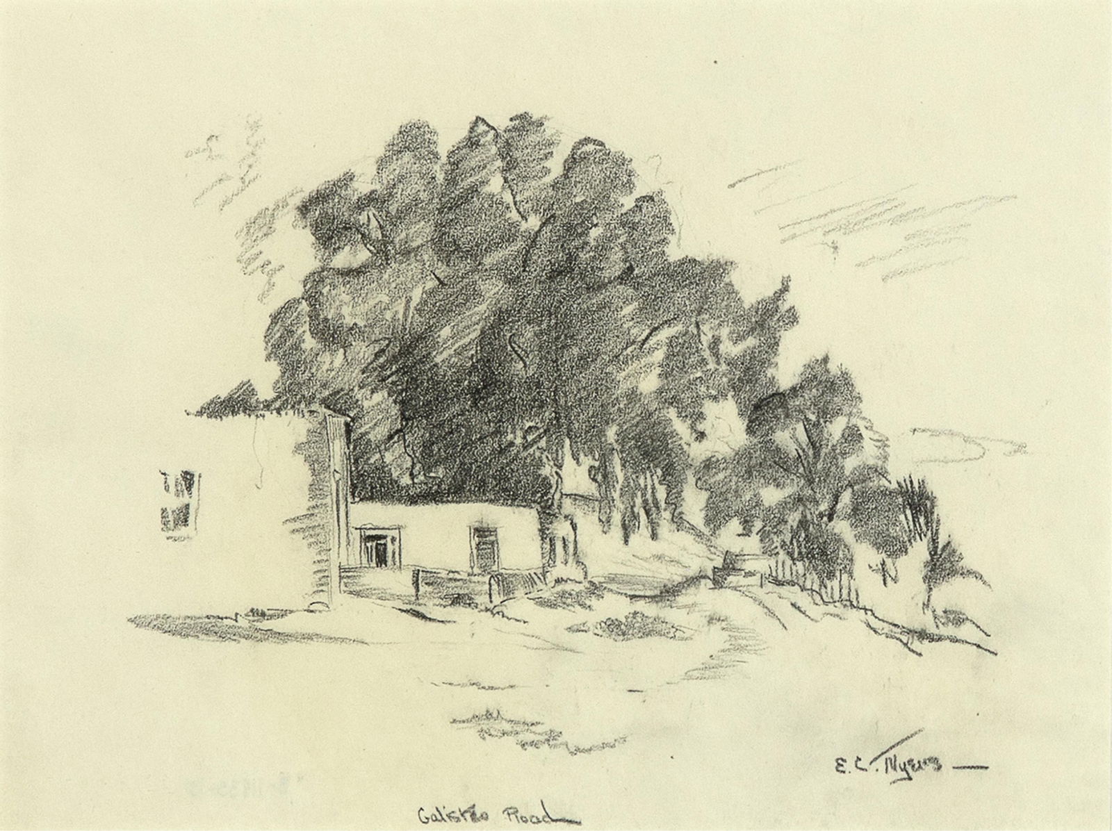 E. C. Myers, Galisteo Road: E. C. Myers 20th Century Galisteo Road graphite on paper titled lower center: GalistEo Road signed lower right: E. C. MyErs 7 x 9 1/2 in. (17.8 x 24.1 cm.), frame: 14 1/8 x 16 1/4 x 1 1/4 in. (35.9 x