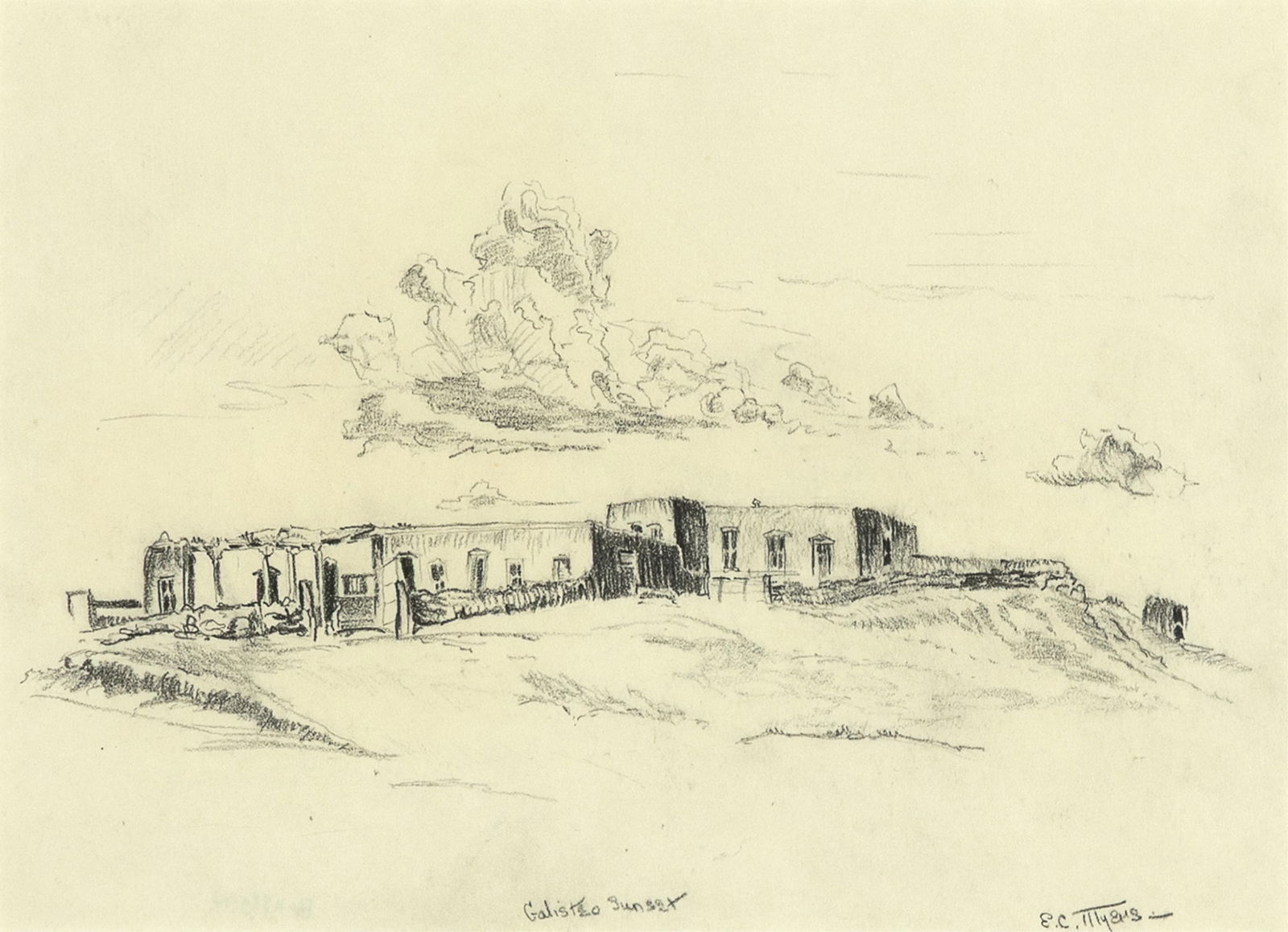 E. C. Myers, Galisteo Sunset: E. C. Myers20th CenturyGalisteo Sunsetgraphite on papertitled lower center: GalistEo SunsEtsigned lower right: E. C. MyErs7 5/8 x 10 3/8 in. (19.4 x 26.4 cm.), frame: 14 5/8 x 17 1/4 x 1 1/4 in. (37.1