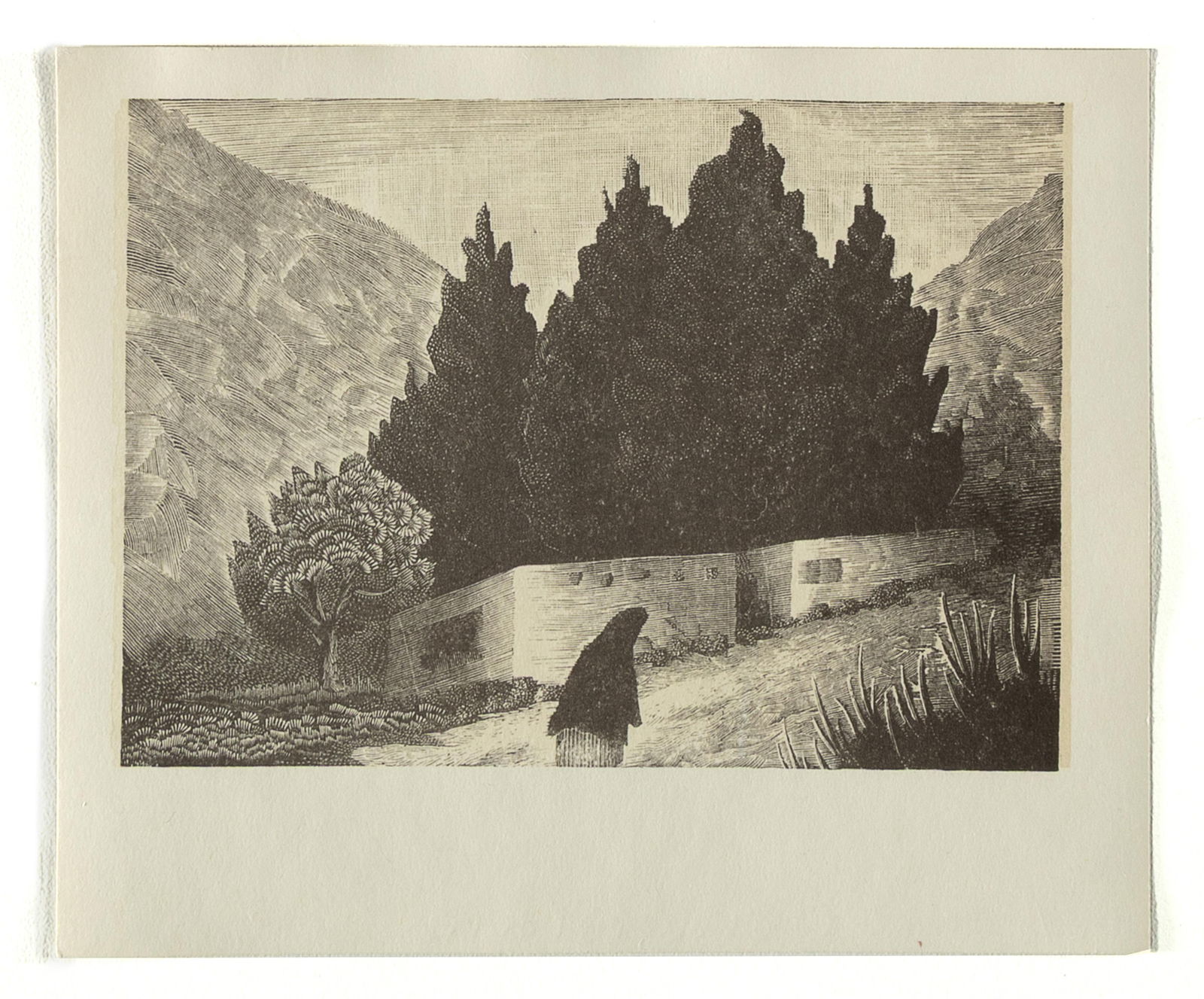 Willard Clark, Untitled (Figure and Adobe), ca. 1938: Willard Clark 1910 - 1992 Untitled (Figure and Adobe), ca. 1938 woodcut inscribed on mount verso: #84 ~ Original W. Clark print ca. 1938 3 x 4 1/4 in. (7.6 x 10.8 cm.), sheet: 4 1/8 x 5 in. (10.5 x