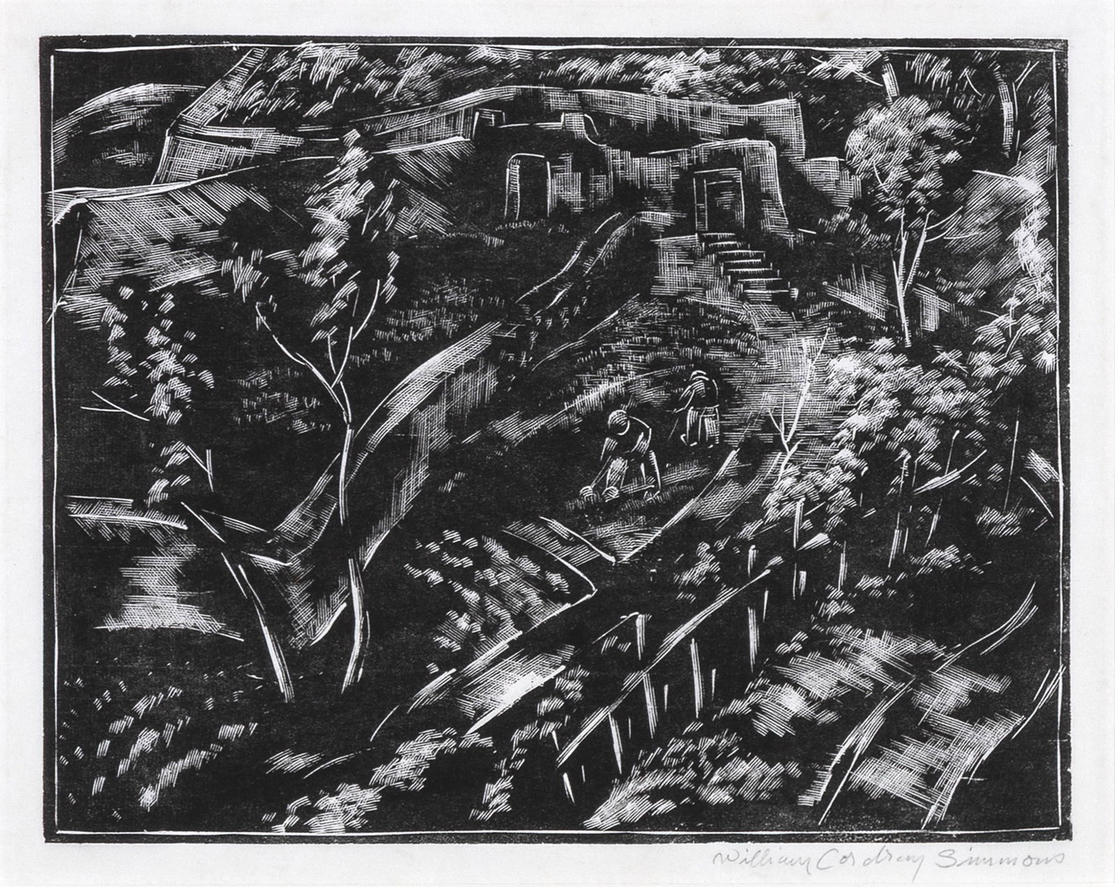 William Cordray Simmons, Pueblo (New Mexico): William Cordray Simmons 20th Century Pueblo (New Mexico) wood engraving signed lower right: William Cordray Simmons 8 1/8 x 10 1/4 in. (20.6 x 26 cm.), frame: 15 5/8 x 17 5/8 x 1 in. (39.7 x 44.8 x