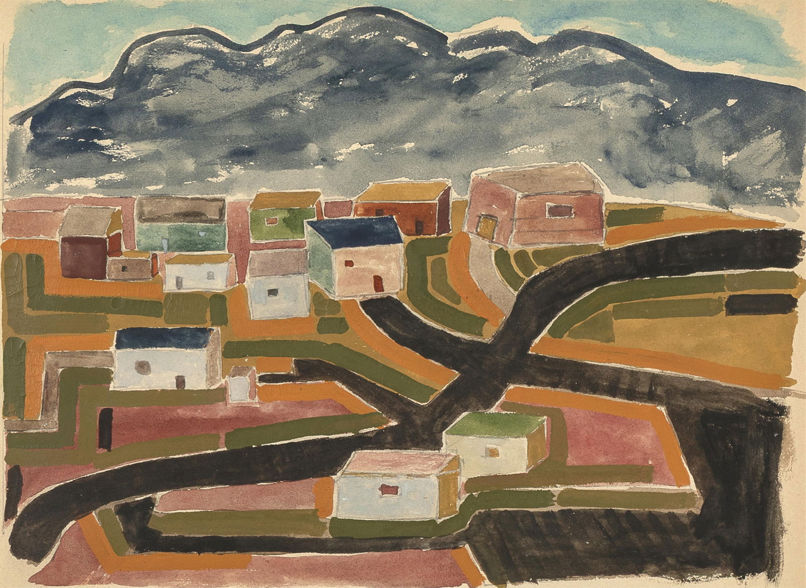 Unknown Artist, Northern New Mexico Village, ca. 1948: Unknown Artist Northern New Mexico Village, ca. 1948 acrylic, watercolor on paper 11 x 15 in. (27.9 x 38.1 cm.), frame: 17 1/2 x 21 1/2 x 3/4 in. (44.5 x 54.6 x 1.9 cm.) Private Collection, New