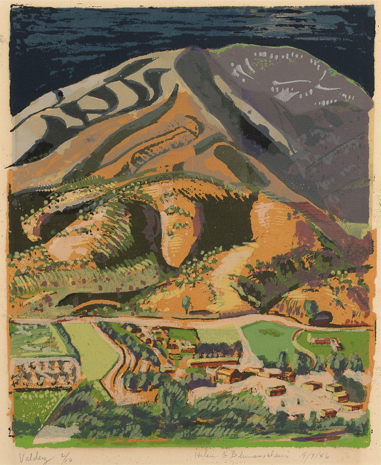 Helen Greene Blumenschein, Valdez, 1946: Helen Greene Blumenschein 1909 - 1989 Valdez, 1946 serigraph, edition 2 of 10 titled and editioned lower left: Valdez 2/10 signed and dated lower right: Helen G Blumenschein 9/9/46 11 3/8 x 9 5/8 in.