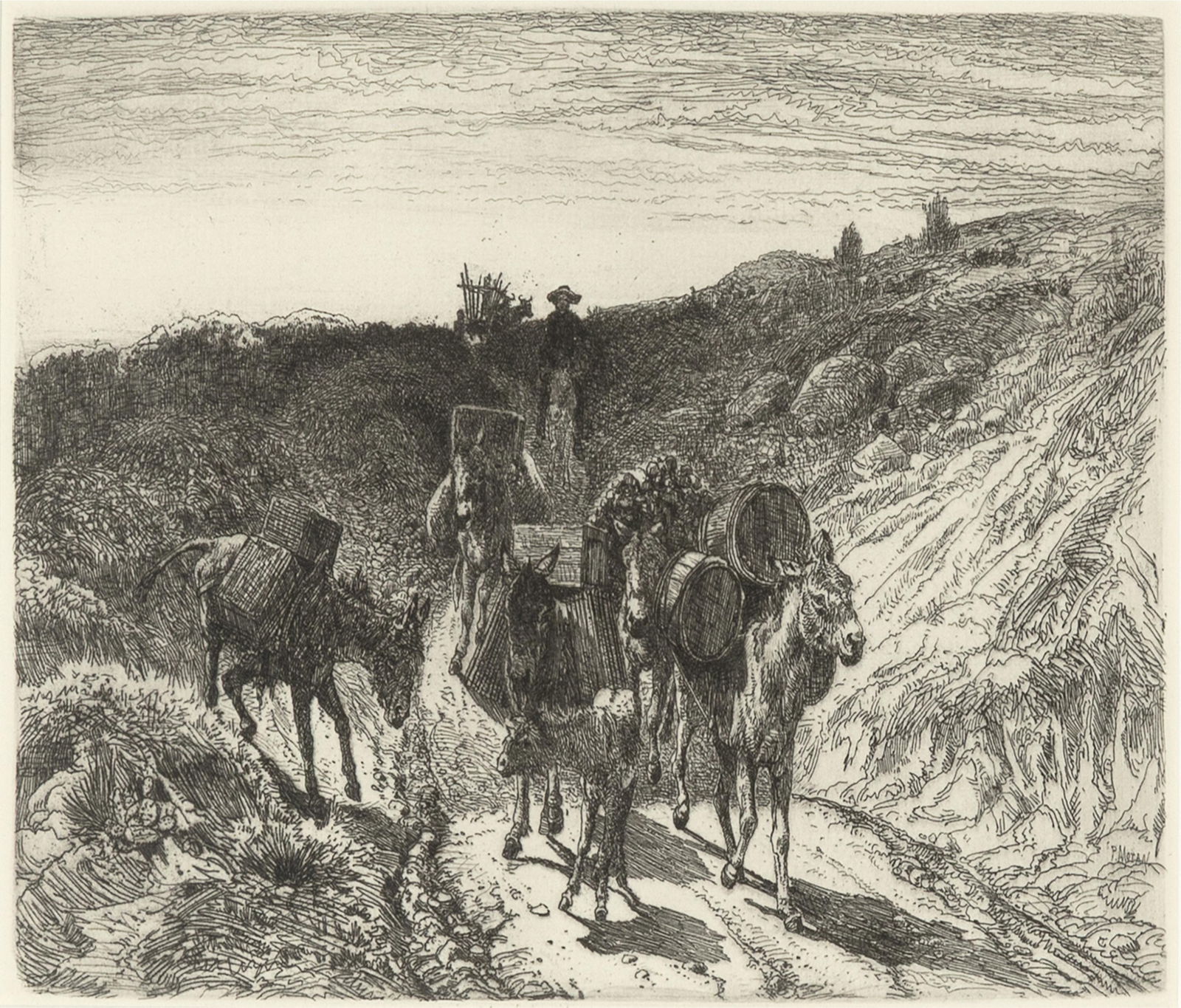 Peter Moran, On the Road to Santa Fe, 1883: Peter Moran1841 - 1914On the Road to Santa Fe, 1883etchingsigned in plate lower right: P MORAN6 1/2 x 9 1/4 in. (16.5 x 23.5 cm.), frame: 14 x 18 x 1/2 in. (35.6 x 45.7 x 1.3 cm.) Private Collec