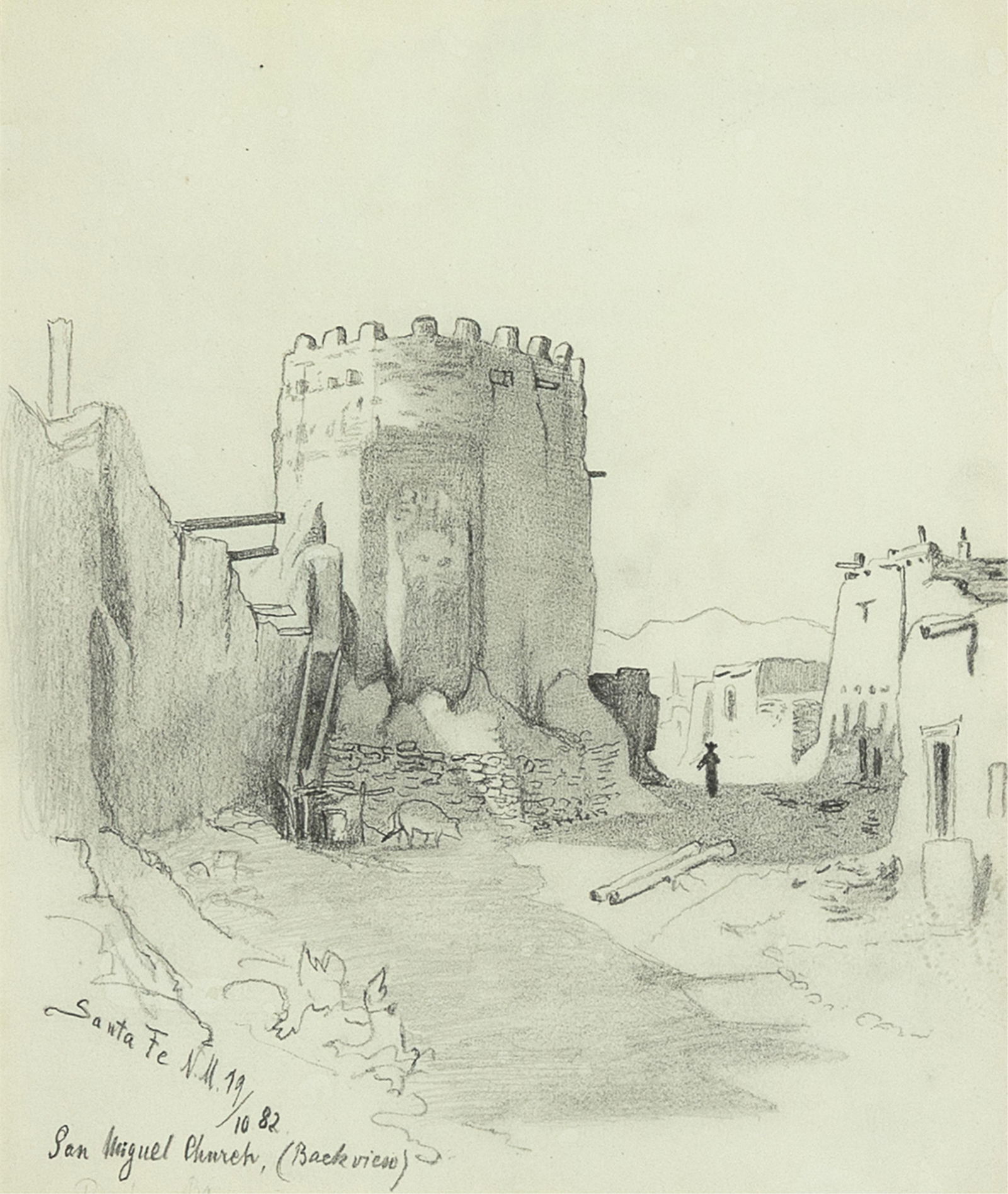 Rudolf Daniel Ludwig Cronau, San Miguel Church, Santa Fe, New Mexico, 1882: Rudolf Daniel Ludwig Cronau1855 - 1939San Miguel Church, Santa Fe, New Mexico, 1882graphite on papertitled and dated lower left: Santa Fe N.M. 19/10 82 / San Miguel Church, (Back View)9 3/4 x 8 1/4 in