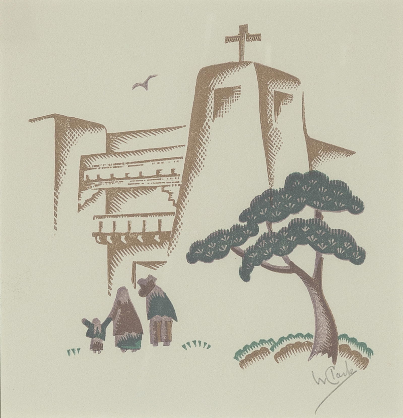 Willard Clark, Family at Christo Rey Church, ca. 1938 / 1988: Willard Clark1910 - 1992Family at Christo Rey Church, ca. 1938 / 1988woodcut, edition 10 of 23signed lower right: W Clarkin artist's frame with studio label affixed verso5 1/2 x 5 in. (14 x 12.7