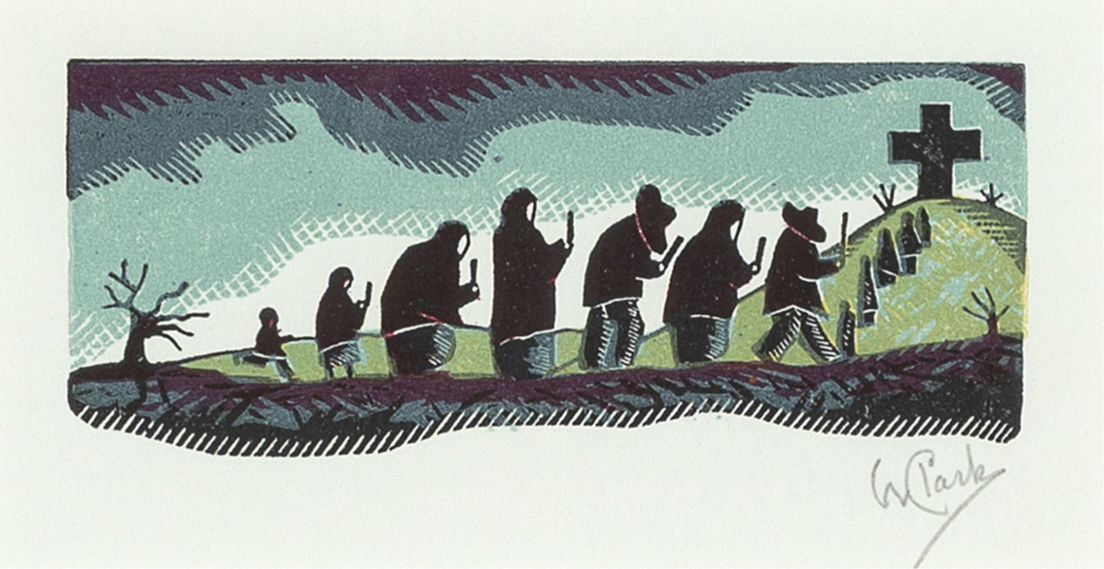 Willard Clark, Procession to Cross of Martyrs, ca. 1942 / ca. 1988: Willard Clark1910 - 1992Procession to Cross of Martyrs, ca. 1942 / ca. 1988woodcut, edition 20 of 25signed lower right: W Clarkin artist's frame with studio label affixed verso1/2 x 3 3/4 in. (3