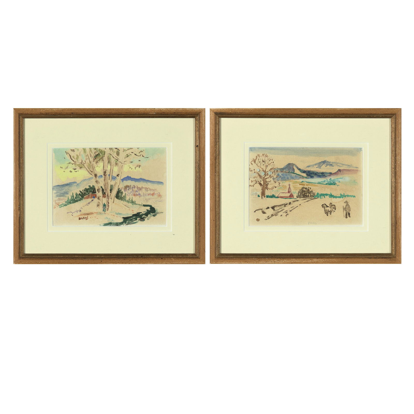 Jozef Bakós, Pair of Watercolors: Untitled (Landscape with Trees and Distant Peaks) (1 of 3)