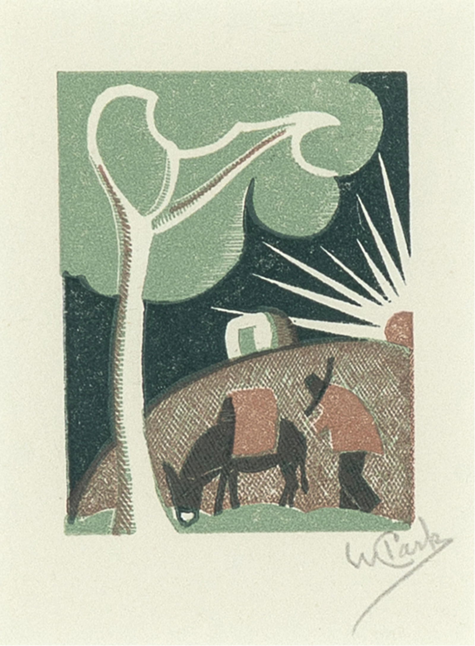 Willard Clark, Man with Burro at Sunrise, ca. 1935 / ca. 1988: Willard Clark1910 - 1992Man with Burro at Sunrise, ca. 1935 / ca. 1988woodcut, edition 17 of 20signed lower right: W Clarkin artist's frame with studio label affixed verso2 x 1 1/2 in. (5.1 x 3.