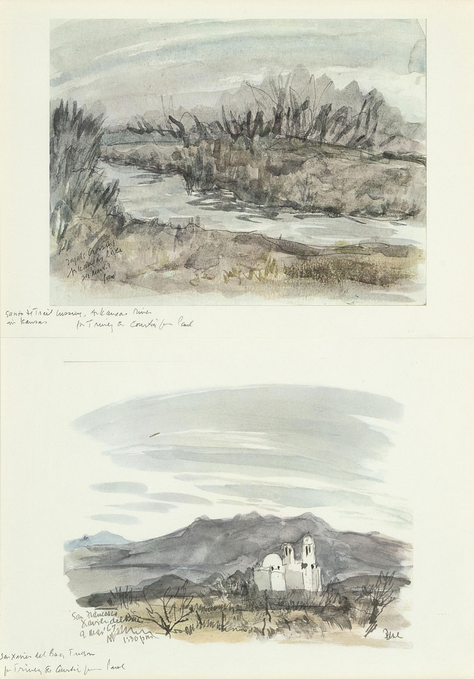 Paul Horgan, Pair of Watercolors: Santa Fe Trail Crossing + San Javier del bac, ca. 1955 - 1965 (1 of 2)