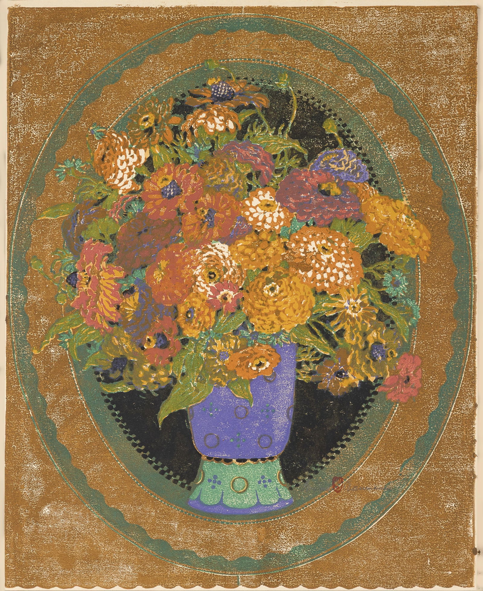 Gustave Baumann, Zinnias, 1916: Gustave Baumann1881 - 1971Zinnias, 1916woodcutsigned lower right: Gustave [hand in heart chop] Baumann22 x 18 in. (55.9 x 45.7 cm.), frame: 27 1/2 x 23 1/4 x 1 in. (69.9 x 59.1 x 2.5 cm.) Privat