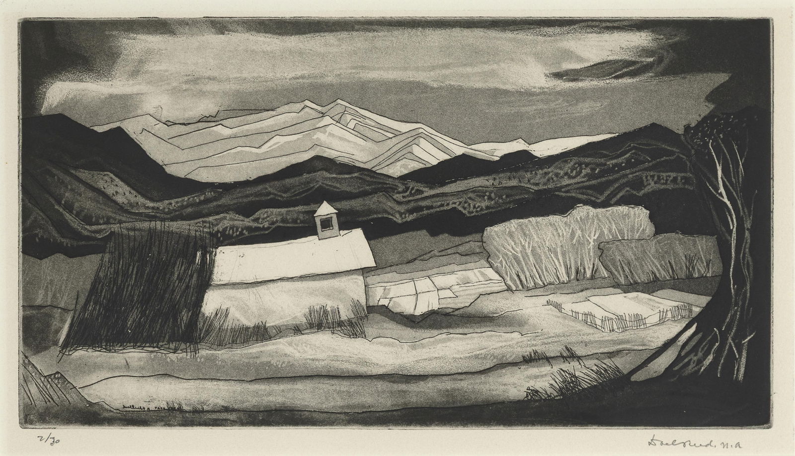 Doel Reed, Early Mountain Snows, 1983: Doel Reed1894 - 1985Early Mountain Snows, 1983aquatint, edition 2 of 30signed in plate lower left: DOEL REED TAOSeditioned lower left: 2/30signed lower right: Doel Reed. n.a10 1/4 x 17 1/2 in. (
