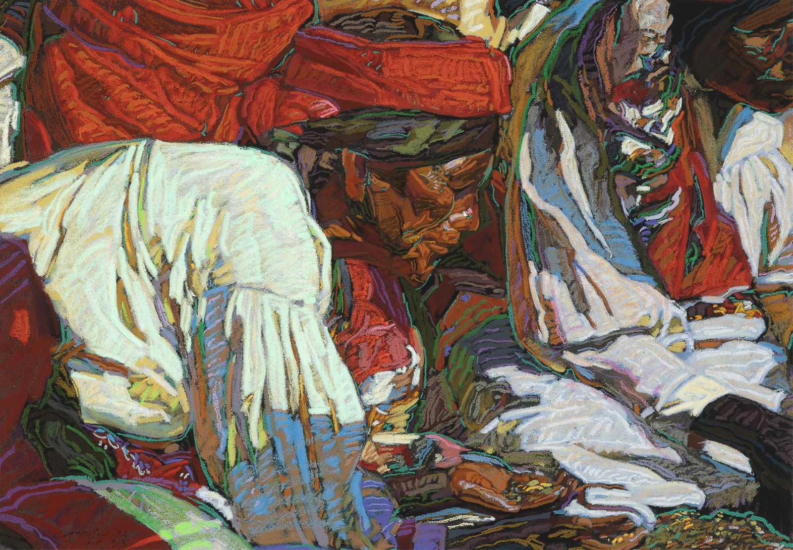 George Arthur Carlson, Sorting The Beans, 1992: George Arthur Carlson b. 1940 Sorting The Beans, 1992 monoprint signed and dated lower left: CARLSON 92 / M.P. 2/3 20 3/4 x 29 3/4 in. (52.7 x 75.6 cm.), frame: 32 3/4 x 41 x 1 in. (83.2 x 104.1 x