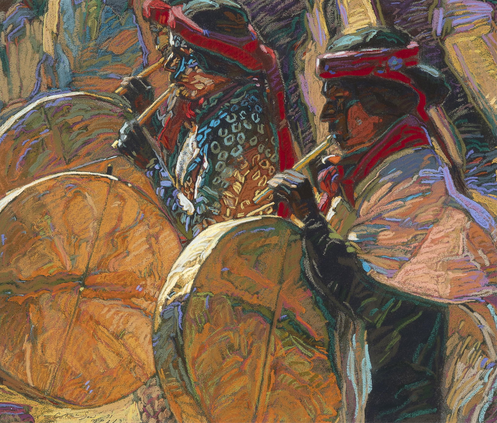 George Arthur Carlson, Ancient Sounds, 1991: George Arthur Carlson b. 1940 Ancient Sounds, 1991 monoprint signed and dated lower left: CARLSON 91 / MP 2/3 22 3/4 x 26 1/2 in. (57.8 x 67.3 cm.), frame: 34 x 37 x 1 1/2 in. (86.4 x 94 x 3.8 cm.) 