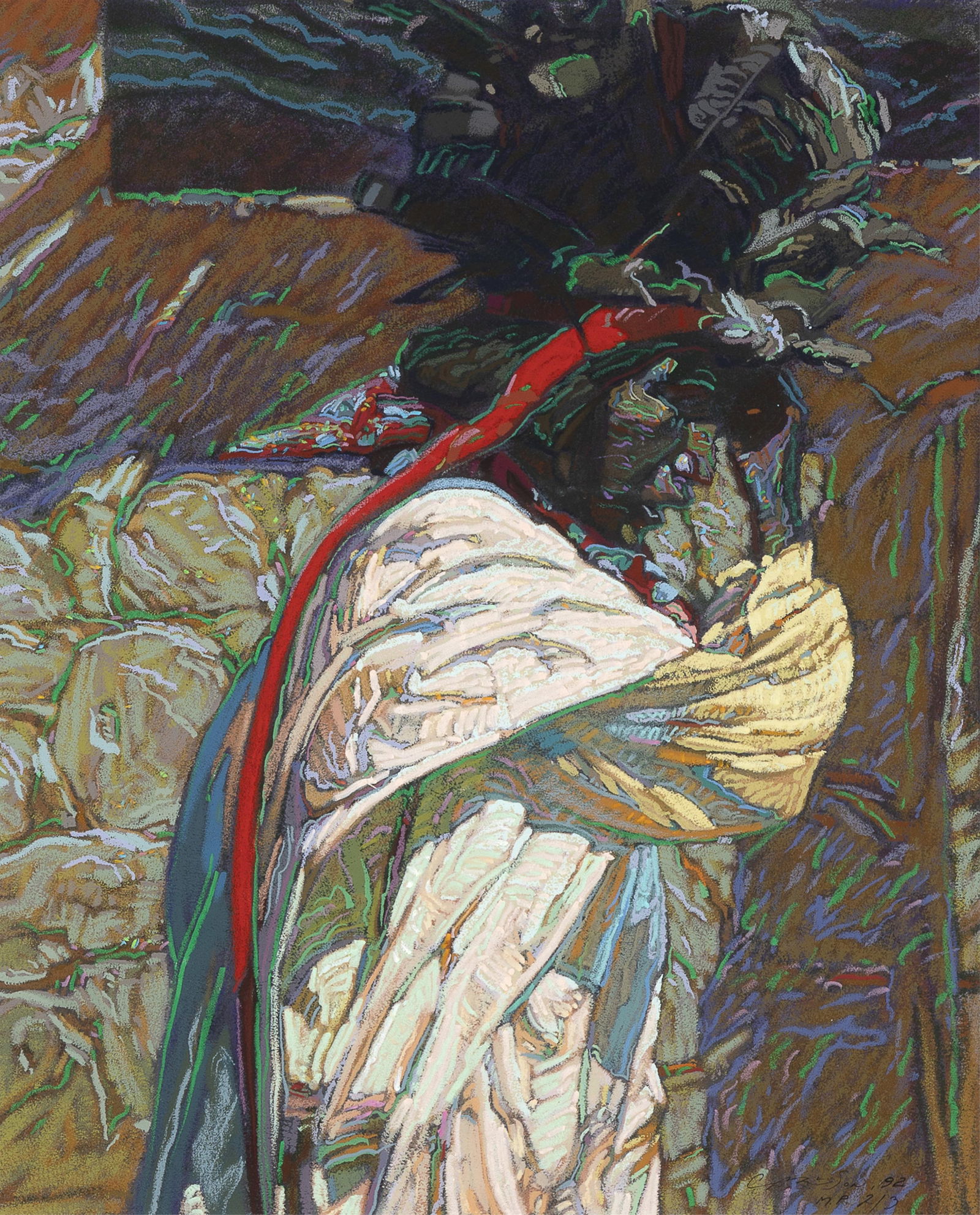 George Arthur Carlson, Turkey Feather Headdress, 1992: George Arthur Carlsonb. 1940Turkey Feather Headdress, 1992monoprintsigned and dated lower right: CARLSON, 92 / M.P. 2/325 1/2 x 20 1/4 in. (64.8 x 51.4 cm.), frame: 36 1/4 x 30 3/4 x 1 1/4 in. (92.1 x