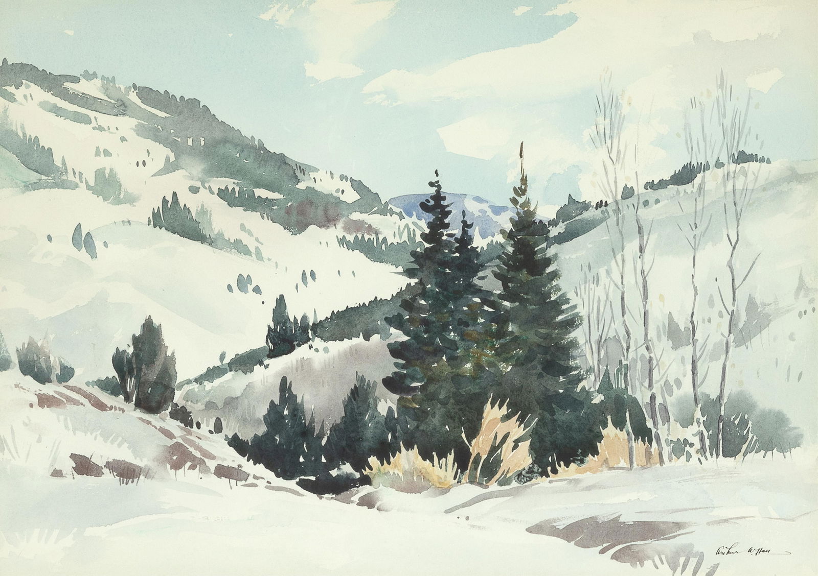 Arthur William Hall, Untitled (Snow Scene): Arthur William Hall 1889 - 1981 Untitled (Snow Scene) watercolor on paper signed lower right: Arthur W. Hall 14 1/4 x 20 1/4 in. (36.2 x 51.4 cm.), frame: 22 1/2 x 28 x 3/4 in. (57.2 x 71.1 x 1.9