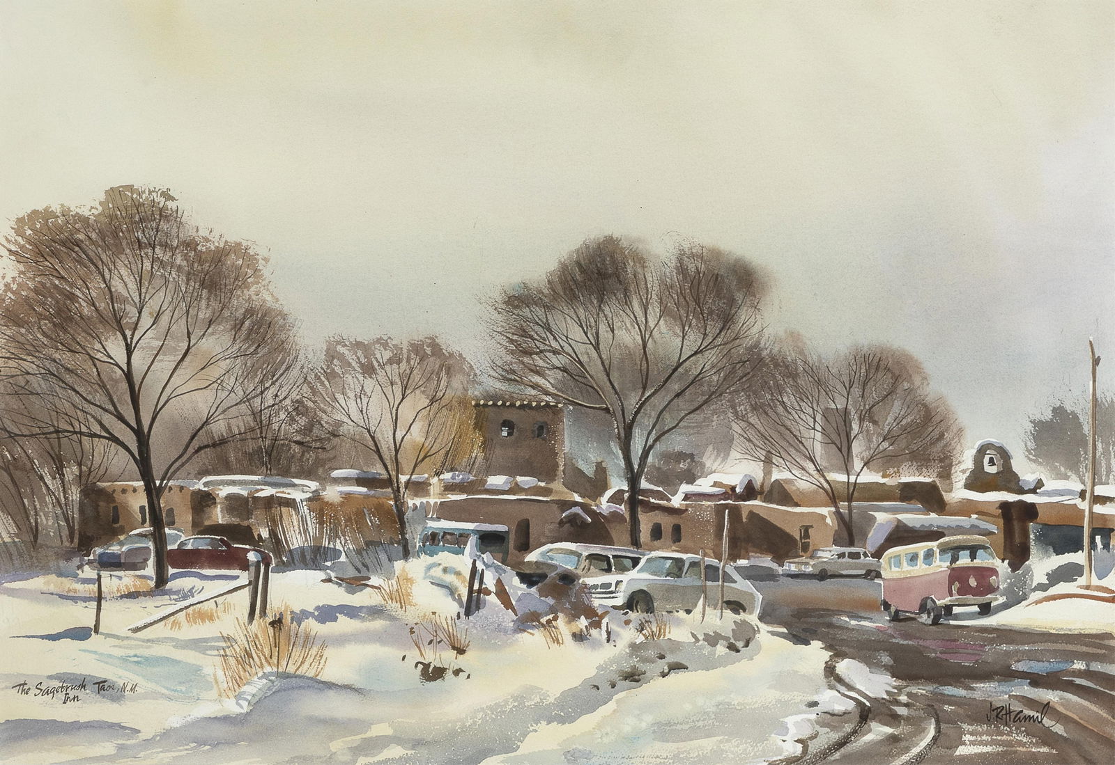 James R. Hamil, The Sagebrush Inn, Taos, New Mexico: James R. Hamil 1937 - 2022 The Sagebrush Inn, Taos, New Mexico watercolor on board titled lower left: The Sagebrush Taos, N.M. / Inn signed lower right: J.R. Hamil 19 3/4 x 29 1/4 in. (50.2 x 74.3