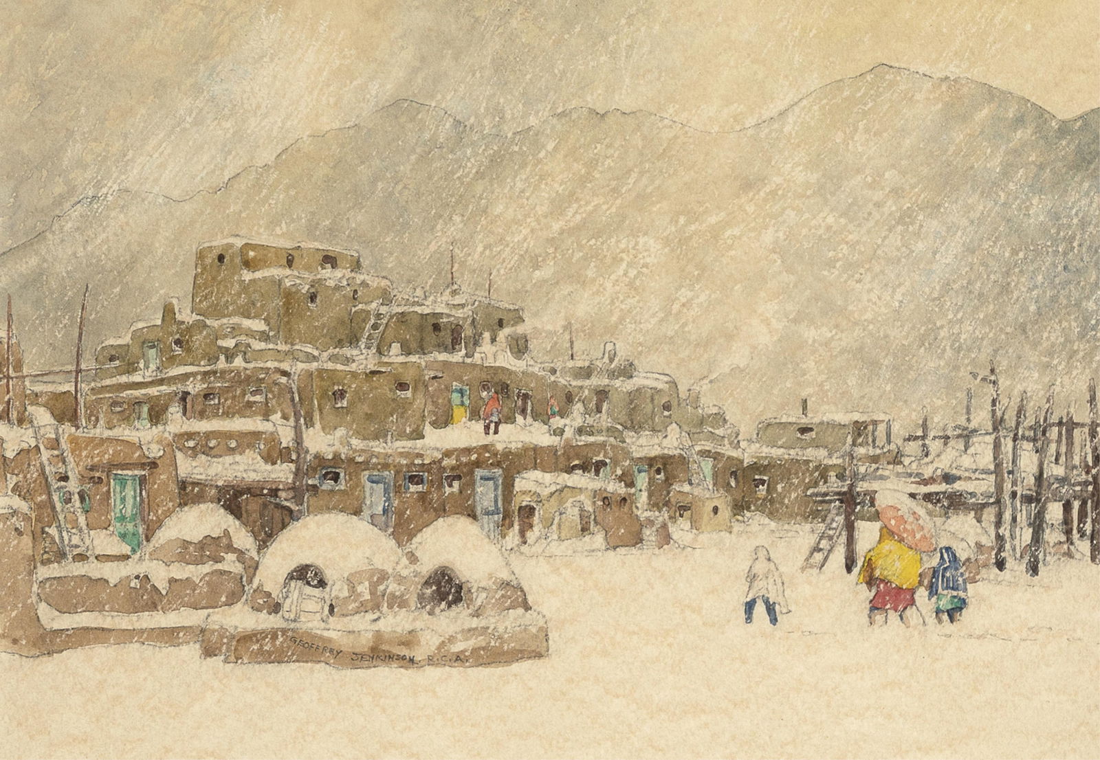 Geoffrey Jenkinson, Snowstorm at Taos Pueblo: Geoffrey Jenkinson 1925 - 2005 Snowstorm at Taos Pueblo watercolor signed lower left: GEOFFREY JENKINSON. R.C.A. inscribed verso: 'SNOW STORM AT TAOS PUEBLO' 9 1/2 x 13 5/8 in. (24.1 x 34.6 cm.),
