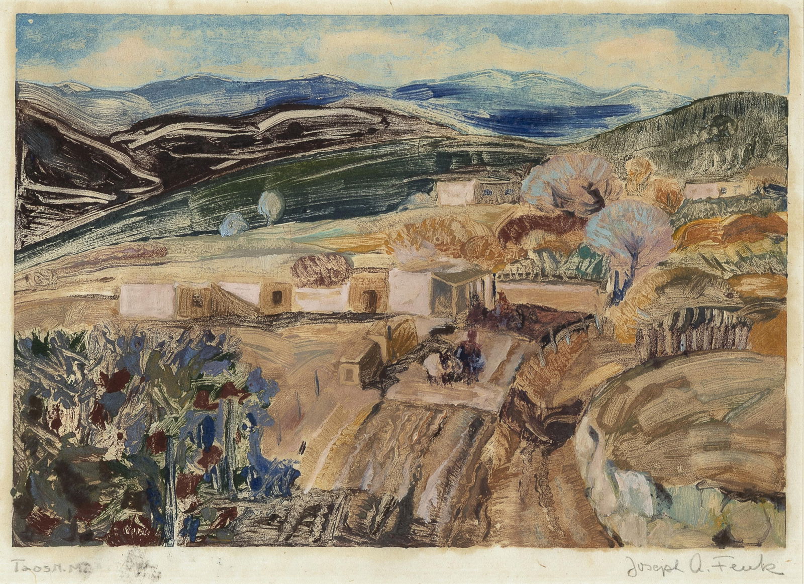 Joseph Amadeus Fleck, Taos, New Mexico: Joseph Amadeus Fleck 1892 - 1977 Taos, New Mexico monotype titled lower left: Taos N.M. signed lower right: Joseph A. Fleck 8 x 11 1/2 in. (20.3 x 29.2 cm.), sight: 8 3/4 x 12 in. (22.2 x 30.5 cm.),