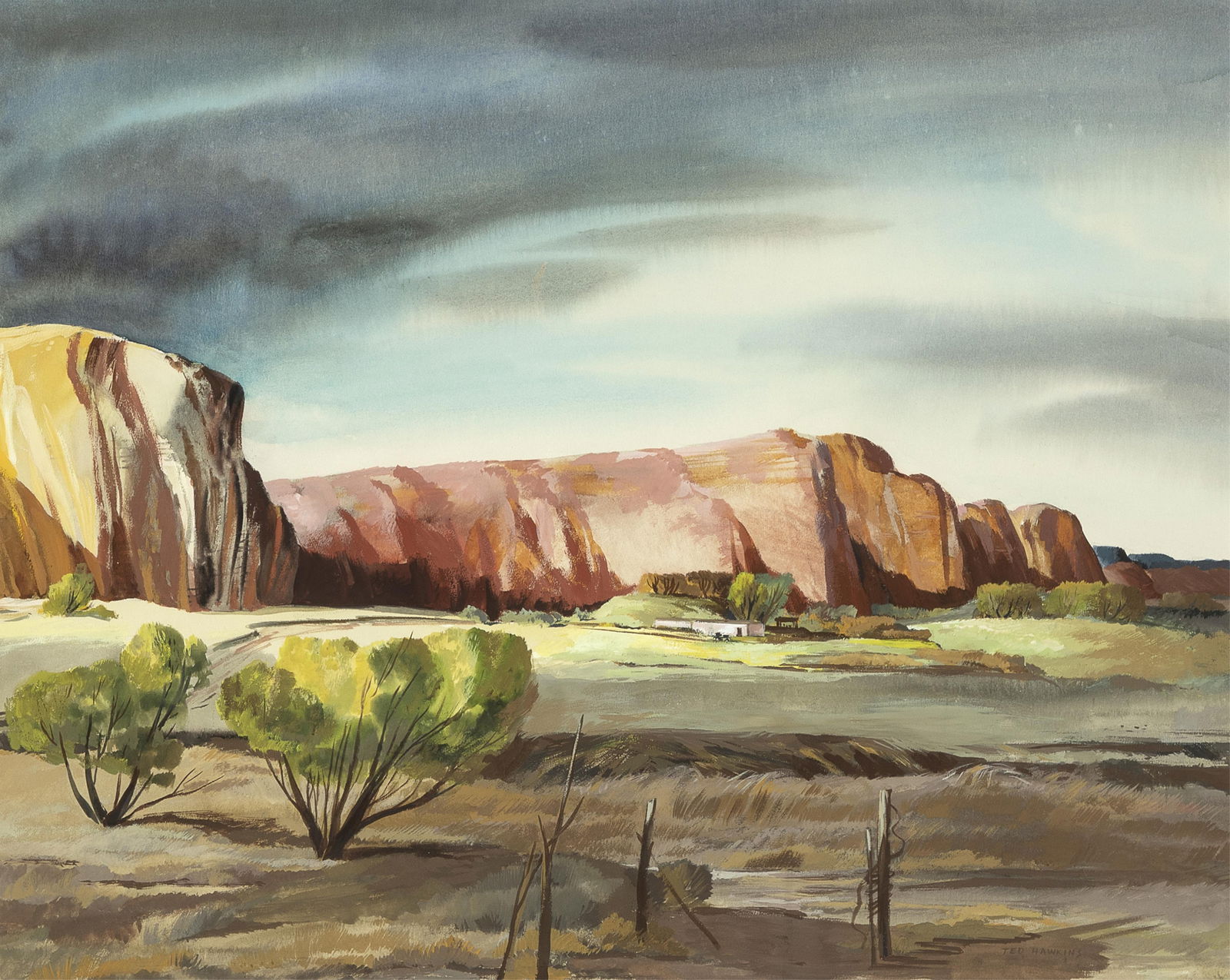 Ted Hawkins, Indian Country, ca. 1950: Ted Hawkins 1910 - 1969 Indian Country, ca. 1950 gouache on watercolor board signed right of lower center: TED HAWKINS 18 3/4 x 23 1/4 in. (47.6 x 59.1 cm.), frame: 24 3/4 x 29 1/2 x 1 1/4 in. (62.9