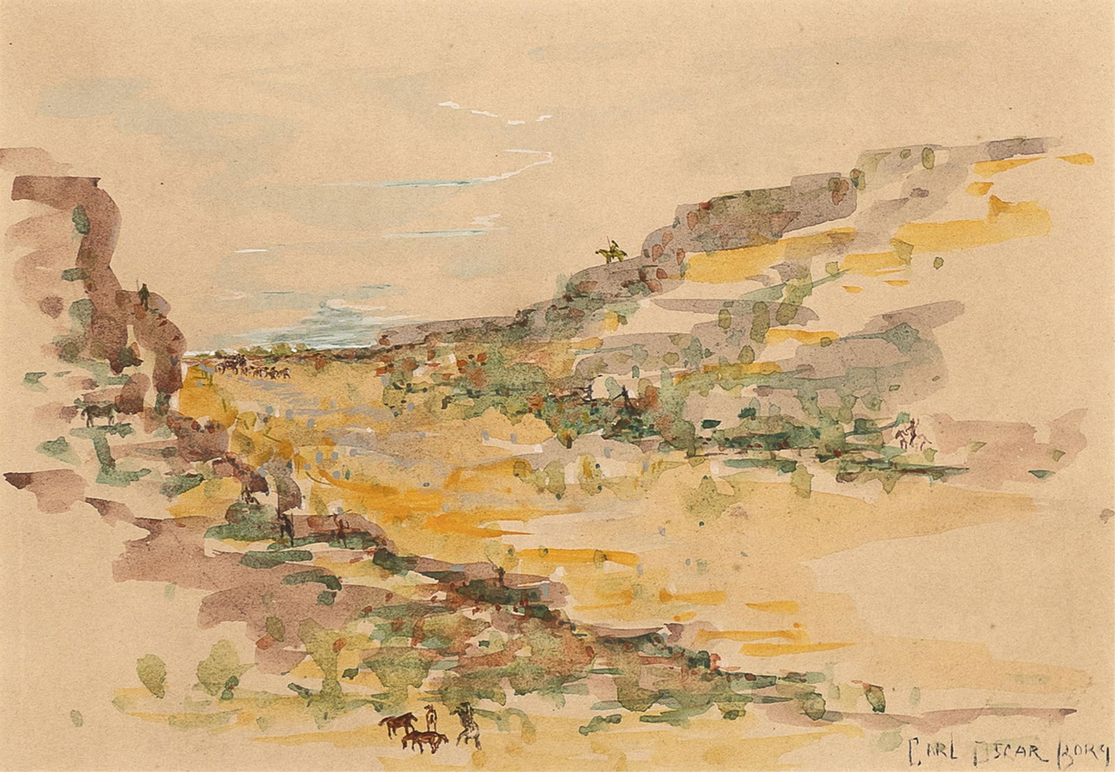 Carl Oscar Borg, Untitled (Valley with Riders), ca. 1940: Carl Oscar Borg 1879 - 1947 Untitled (Valley with Riders), ca. 1940 watercolor on paper signed lower right: CARL OSCAR BORg 6 7/8 x 9 7/8 in. (17.5 x 25.1 cm.), frame: 17 x 20 x 1 1/8 in. (43.2 x