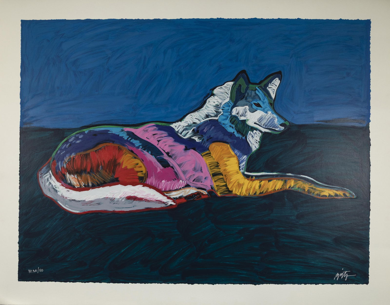 John Nieto, Wolf, 1996: John Nieto1936 - 2018Wolf, 1996serigraph, edition 30 of 50editioned lower left: PP. 30/50signed lower right: nieto22 1/2 x 30 1/8 in. (57.2 x 76.5 cm.), sheet: 26 1/2 x 34 1/4 in. (67.3 x 87 cm.)