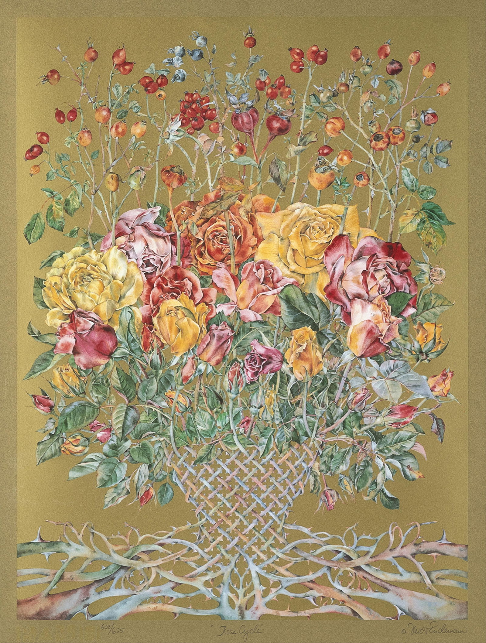 Heidi Endemann, Rose Cycle: Heidi Endemann 20th Century Rose Cycle offset lithograph, serigraph, edition 608 of 625 editioned lower left: 608/625 titled lower center: "Rose Cycle" signed lower right: © Heidi Endemann 