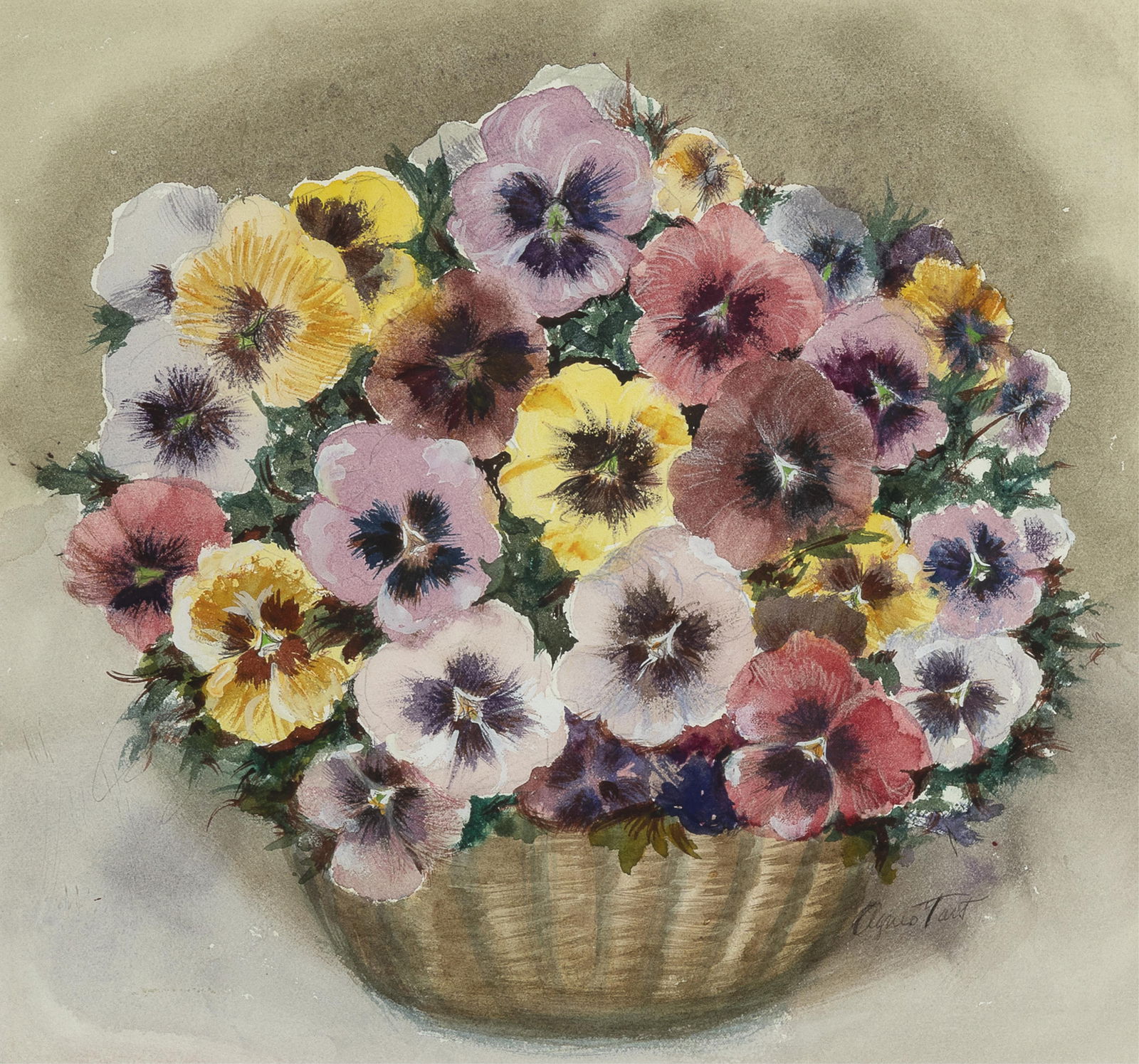 Agnes Tait, Pansies: Agnes Tait 1894 - 1981 Pansies watercolor signed in image lower right: Agnes Tait 13 1/2 x 14 1/2 in. (34.3 x 36.8 cm.), frame 18 1/4 x 19 1/8 x 0 3/4 in. (46.4 x 48.6 x 1.9 cm.) Private