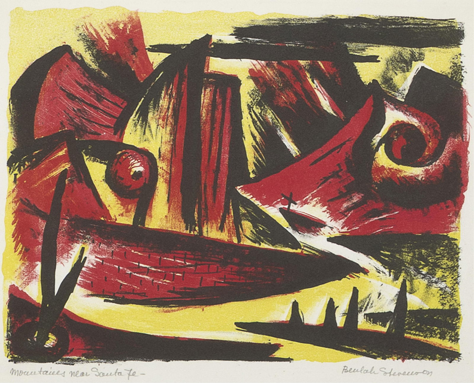 Beulah Stevenson, Mountains Near Santa Fe: Beulah Stevenson 1890 - 1965 Mountains Near Santa Fe lithograph titled lower left: Mountains near Santa Fe signed lower right: Beulah Stevenson inscribed lower margin: litho on 3 stones- 10 x 12 1/2