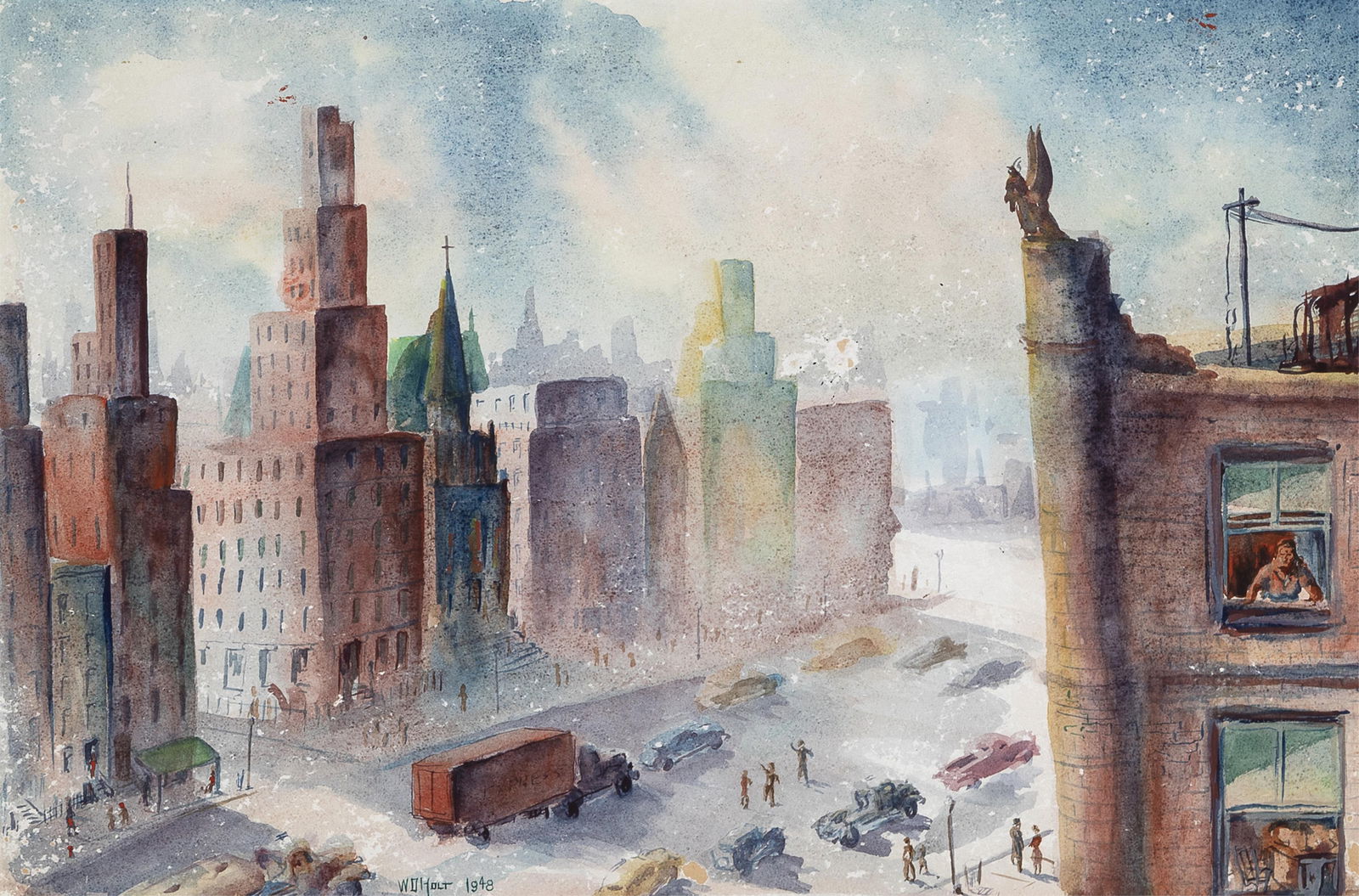 W. D. Holt, Untitled (Cityscape), 1948: W. D. Holt 20th Century Untitled (Cityscape), 1948 watercolor on paper signed and dated left of lower center: WD HOLT 1948 11 3/4 x 17 3/4 in. (29.8 x 45.1 cm.), frame: 20 x 26 x 3/4 in. (50.8 x 66 x
