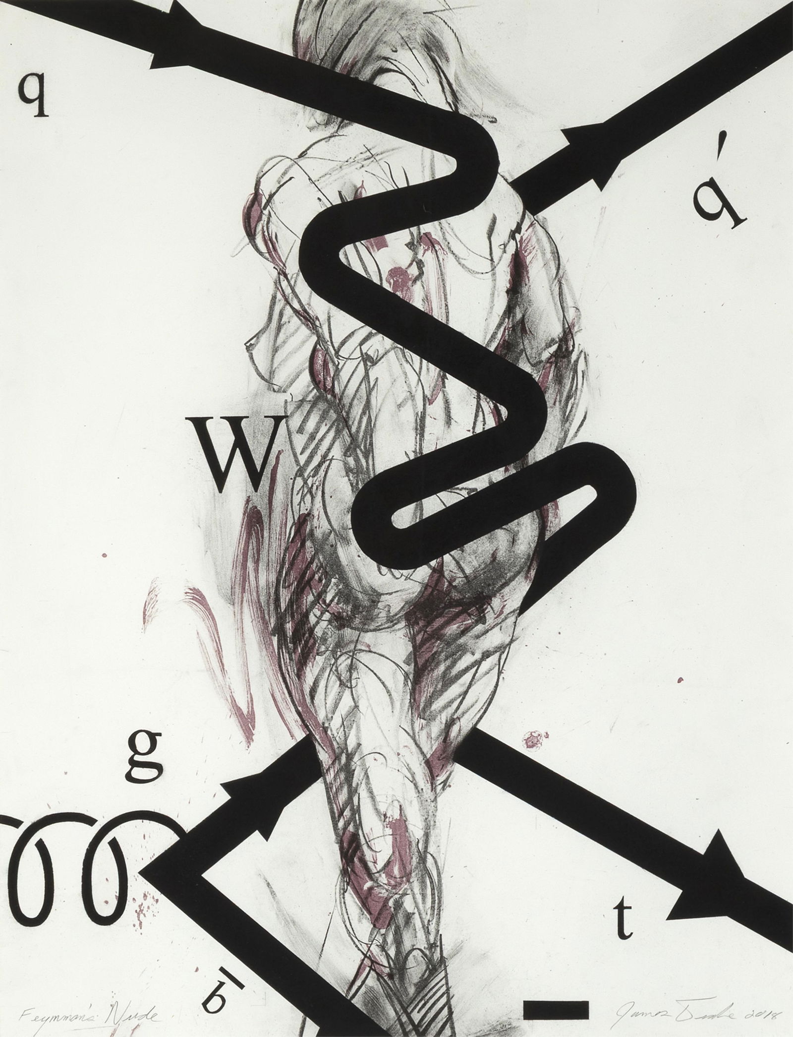 James Drake, Feynman's Nude, 2018: James Drakeb. 1946Feynman's Nude, 2018charcoal over lithographtitled lower left: Feynman's Nudesigned and dated lower right: James Drake 201832 1/4 x 24 3/4 in. (81.9 x 62.9 cm.), frame: 37 x 29 1/2 x