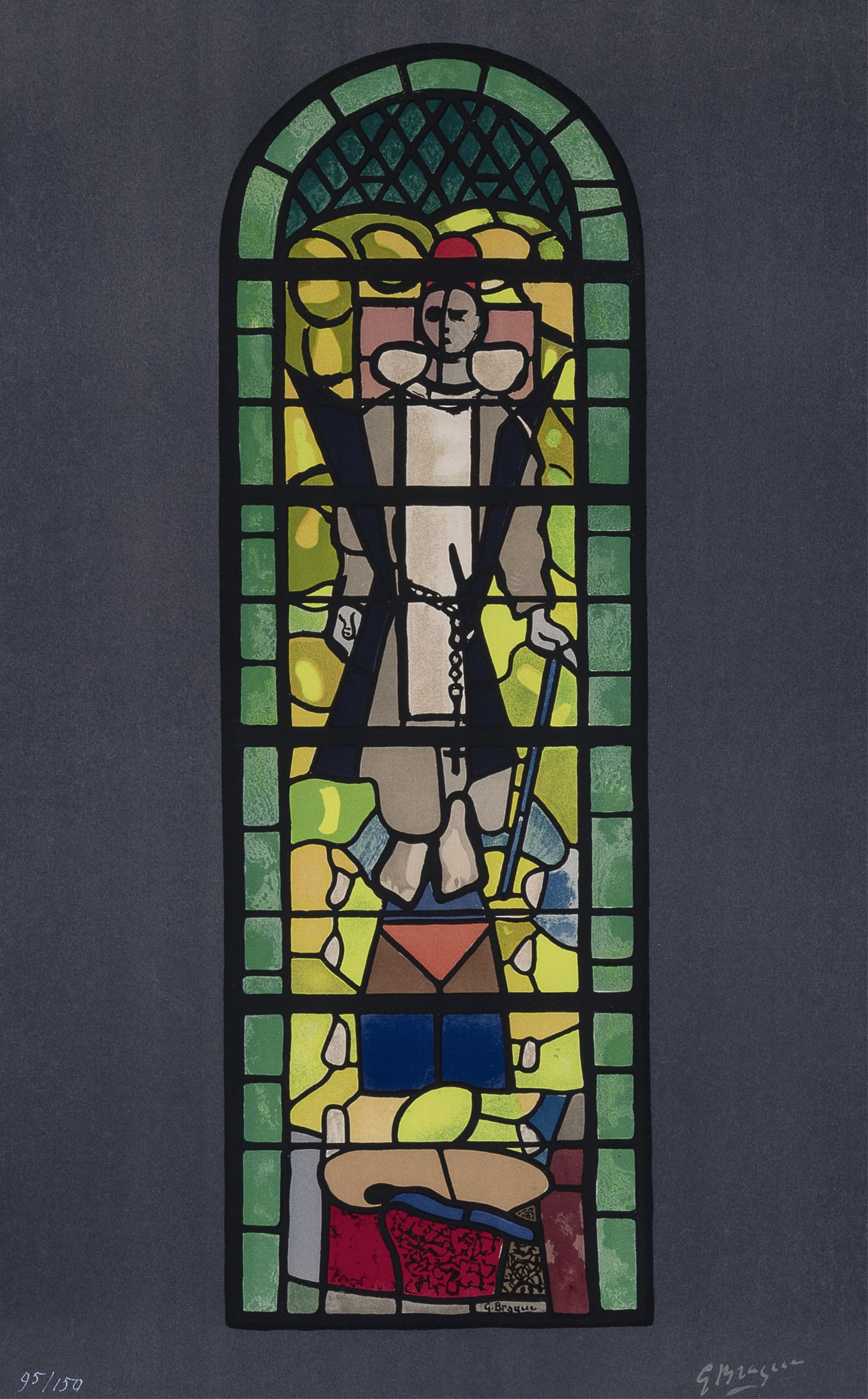 Georges Braque, Vitrail de la Chapelle de Warengeville (Stained Glass Window of Church at Saint: Georges Braque1882 - 1963Vitrail de la Chapelle de Warengeville (Stained Glass Window of Church at Saint Dominque)lithograph, edition 95 of 150signed in print lower right: G. Braqueeditioned lower lef
