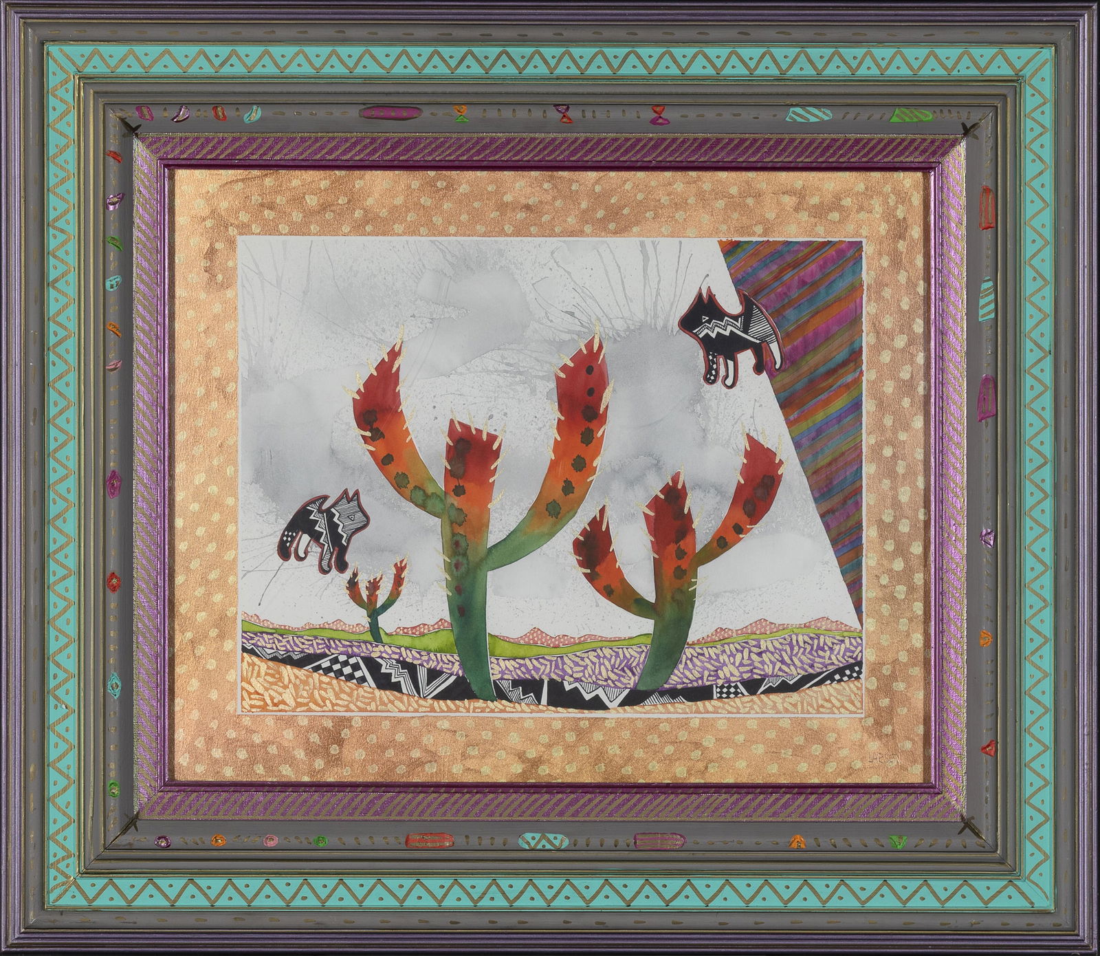 Fran Larsen, Vision of Dances Past, 1990: Fran Larsenb. 1937Vision of Dances Past, 1990watercolor, acrylic, ink, hand-carved polychrome framesigned lower right: LARSENinscribed verso: Vision of Dances Past / F9006-016 / ©1990 Fran Larsen