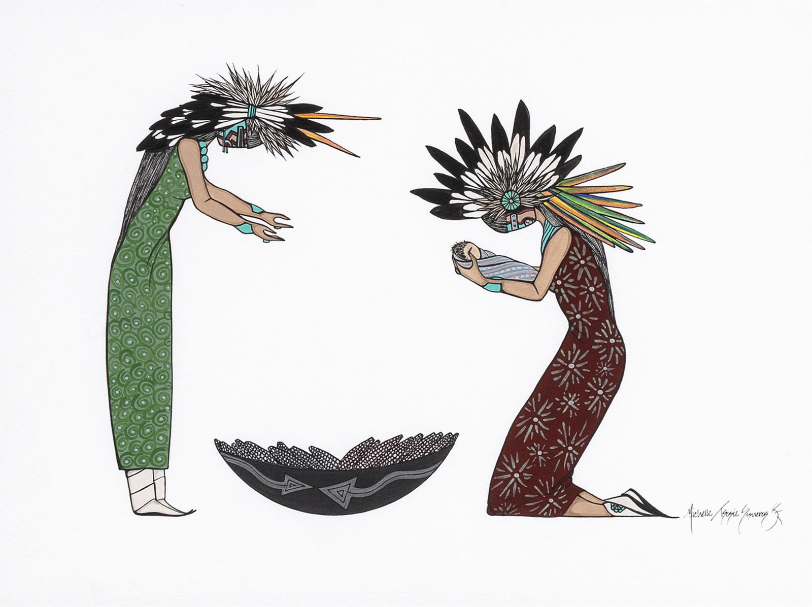 Michelle Tsosie Sisneros, Untitled (Blessing): Michelle Tsosie SisnerosDiné (Navajo), b. 1960Untitled (Blessing)gouache on papersigned lower right: Michelle Tsosie Sisneros10 x 13 5/8 in. (25.4 x 34.6 cm.), frame: 21 1/4 x 24 1/4 in. (54 x 61.6 c