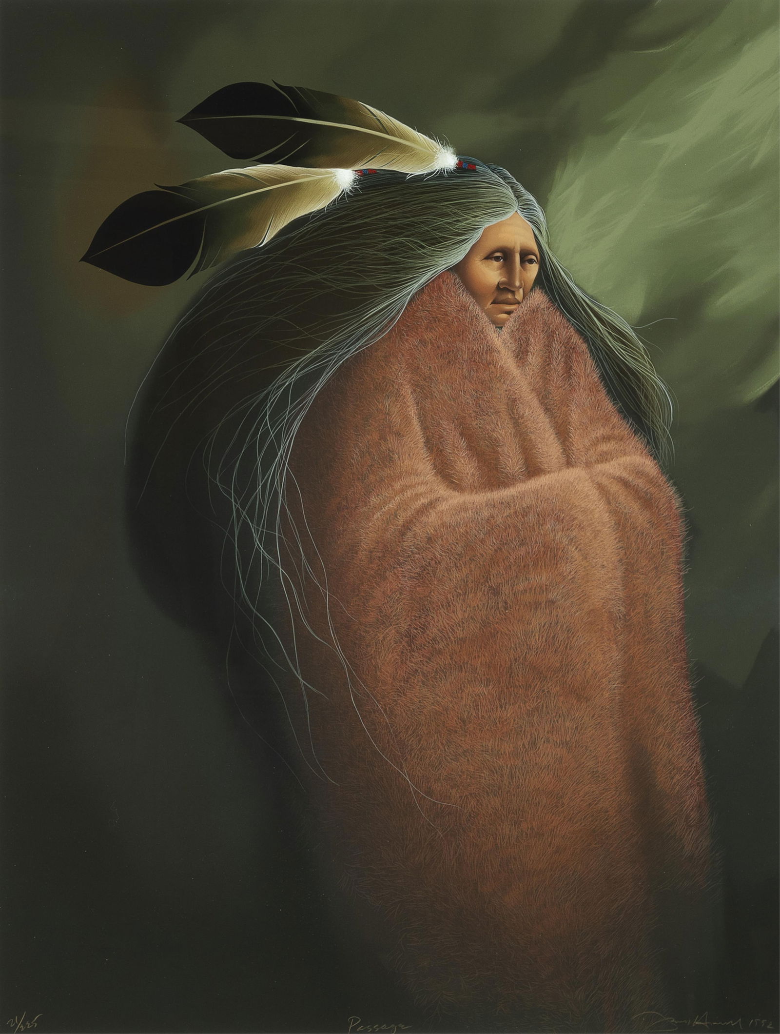 Frank Howell, Passage, 1992: Frank HowellLakota Sioux, 1937 - 1997Passage, 1992lithograph, edition 21 of 225editioned lower left: 21/225titled lower center: Passagesigned and dated lower right : Frank Howell 199242 x 32 in.