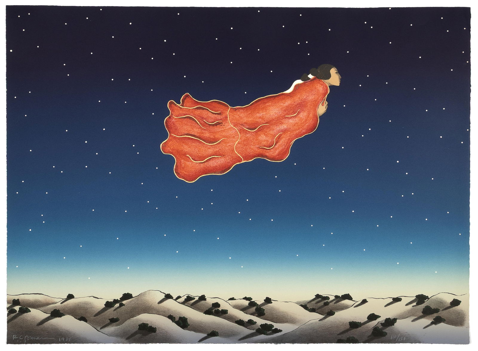 R. C. Gorman, Dream Night, 1981: R. C. GormanDiné (Navajo), 1931 - 2005Dream Night, 1981lithograph, edition 110 of 150signed and dated lower left: R. C. Gorman 1981editioned lower right: 110/15028 1/8 x 38 1/2 in. (71.4 x 97.8 cm.)