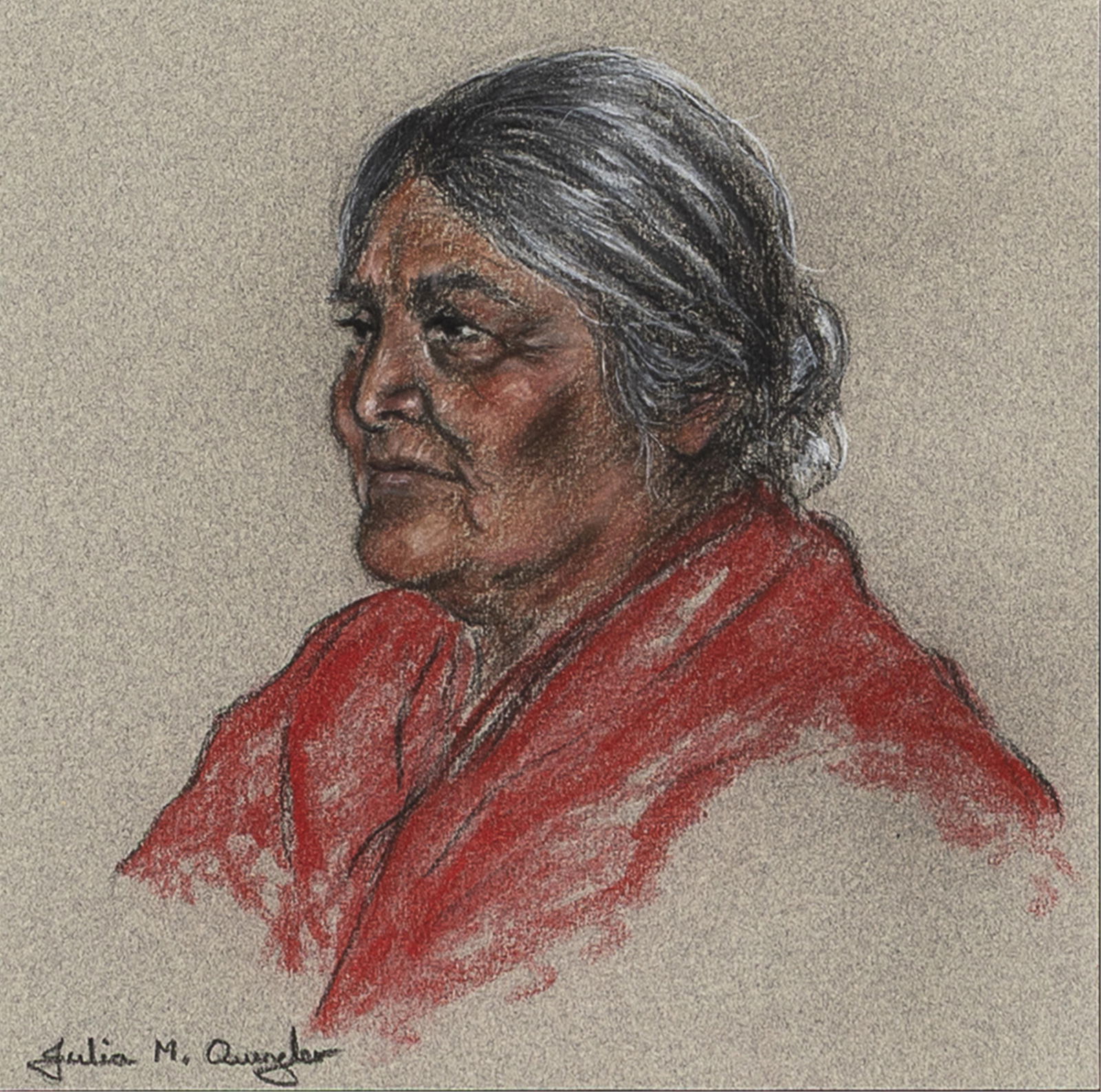 Julia M. Quegelar, Untitled (Female Portrait in Red): Julia M. Quegelar20th CenturyUntitled (Female Portrait in Red)pastel on papersigned lower left: Julia M. Quegelar7 3/4 x 7 3/4 in. (19.7 x 19.7 cm.), frame: 18 x 18 x 1 1/4 in. (45.7 x 45.7 x 3.2 cm.)