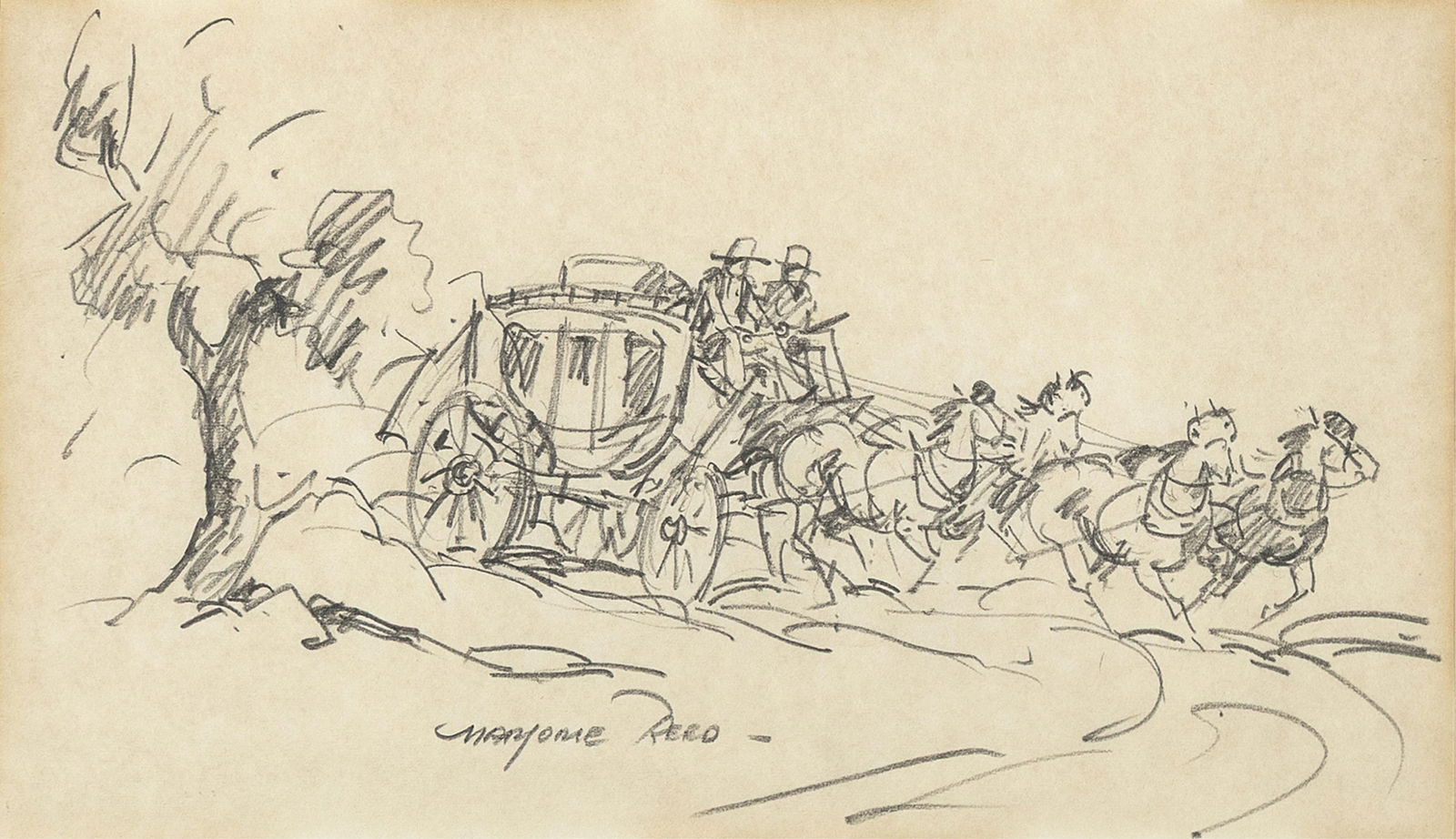 Marjorie Jane Reed, Untitled (Stagecoach): Marjorie Jane Reed 1915 - 1996 Untitled (Stagecoach) graphite on paper signed lower center: MARJORIE REED - 5 1/4 x 9 1/8 in. (13.3 x 23.2 cm.), frame: 9 1/2 x 13 1/2 x 1 in. (24.1 x 34.3 x 2.5 cm.) 