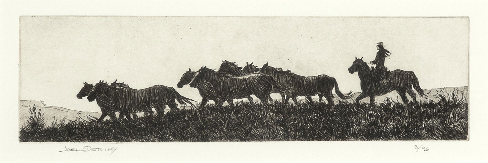 Joel Ostlind, Julie Jingles the Horses: Joel Ostlind b. 1954 Julie Jingles the Horses etching, edition 8 of 96 signed lower left: JOEL OSTLIND editioned lower right: 8/96 inscribed verso: UV GLASS / WITH BEST WISHES / JOEL OSTLIND / JULIE