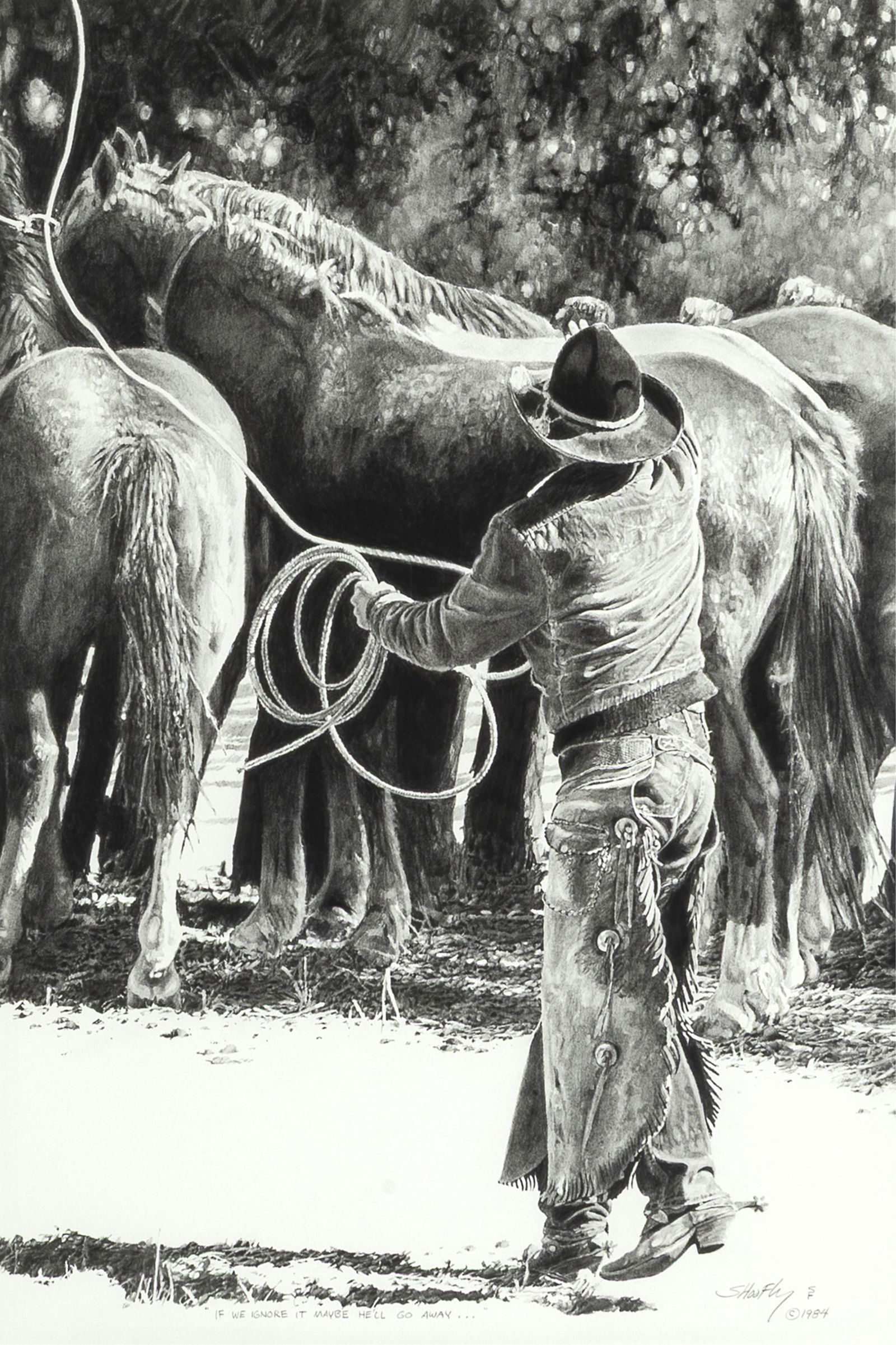Robert (Shoofly) Shufelt, If We Ignore It Maybe He'll Go Away..., 1984: Robert (Shoofly) Shufelt b. 1935 If We Ignore It Maybe He'll Go Away..., 1984 graphite on paper titled left of lower center: "IF WE IFNORE IT MAYBE HE'LL GO AWAY..." signed and dated lower right: