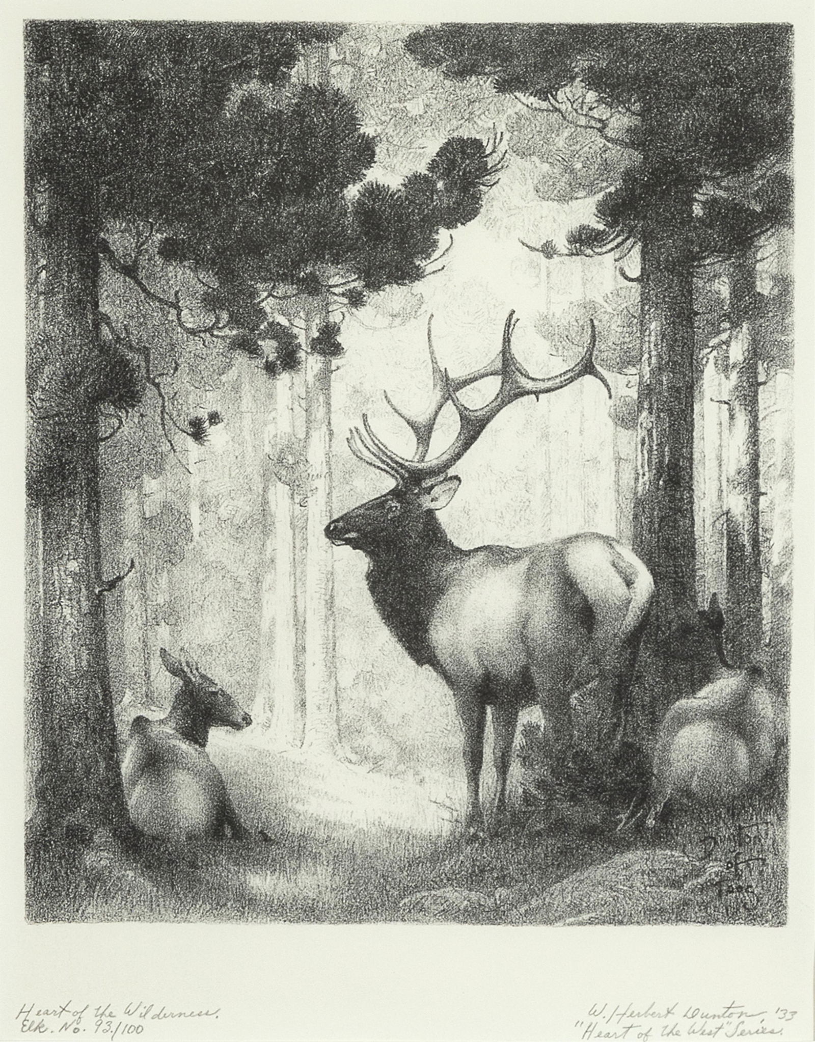 William Herbert Dunton, Heart of the Wilderness, 1933: William Herbert Dunton 1878 - 1936 Heart of the Wilderness, 1933 lithograph on paper, edition 93 of 100 titled and editioned lower left: Heart of the Wilderness / Elk. No. 93./100 signed in print