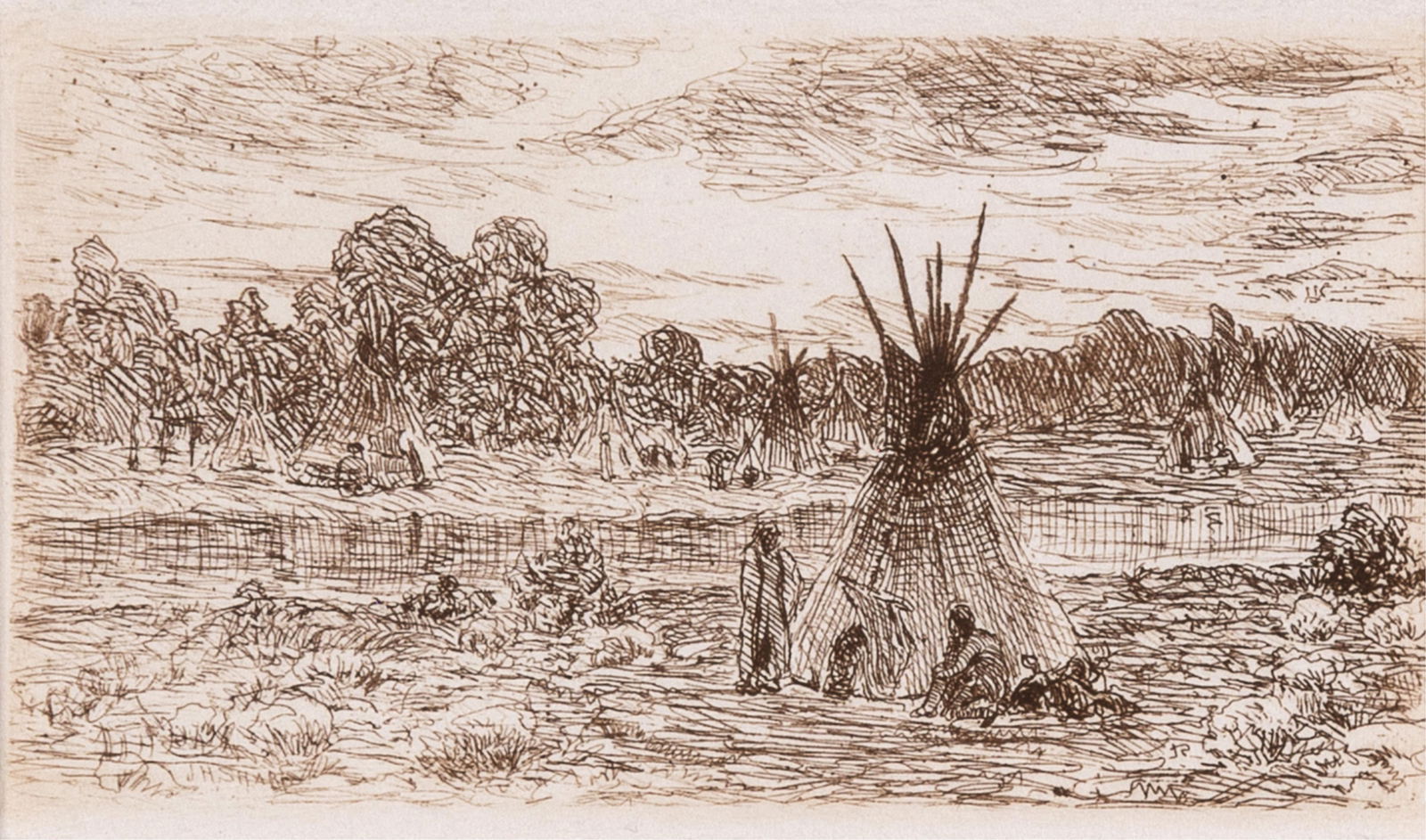 Joseph Henry Sharp, Camp on the Little Bighorn, ca. 1890: Joseph Henry Sharp 1859 - 1953 Camp on the Little Bighorn, ca. 1890 etching signed in plate lower left: JH SHARP 2 3/4 x 4 1/2 in. (7 x 11.4 cm.), frame: 18 x 15 x 3/4 in. (45.7 x 38.1 x 1.9 cm.) 