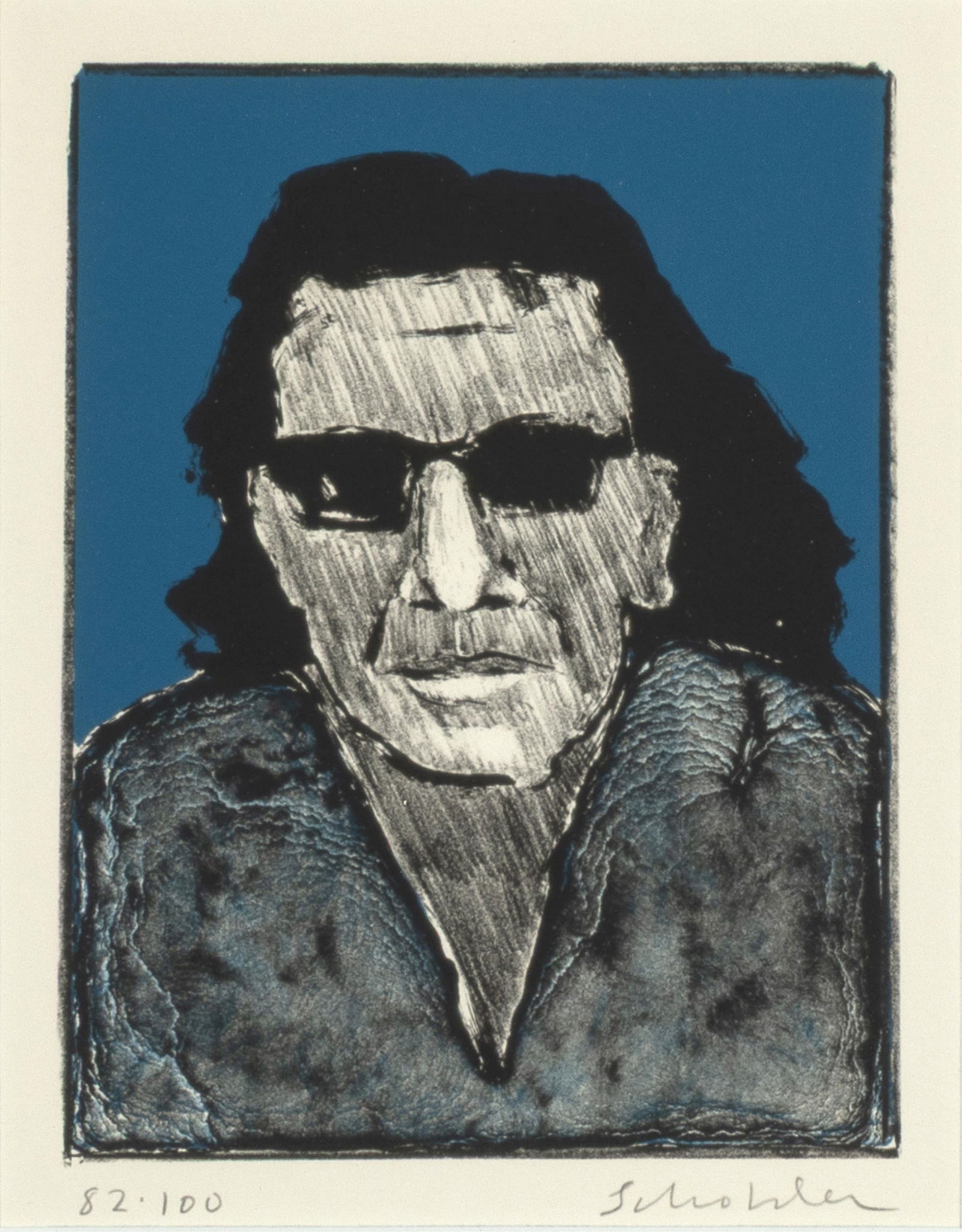 Fritz Scholder, Self Portrait, 1975: Fritz Scholder Luiseño, 1937 - 2005 Self Portrait, 1975 lithograph, edition 82 of 100 editioned lower left: 82-100 signed lower right: Scholder 8 x 6 1/8 in. (20.3 x 15.6 cm.), frame: 16 1/2 x 14