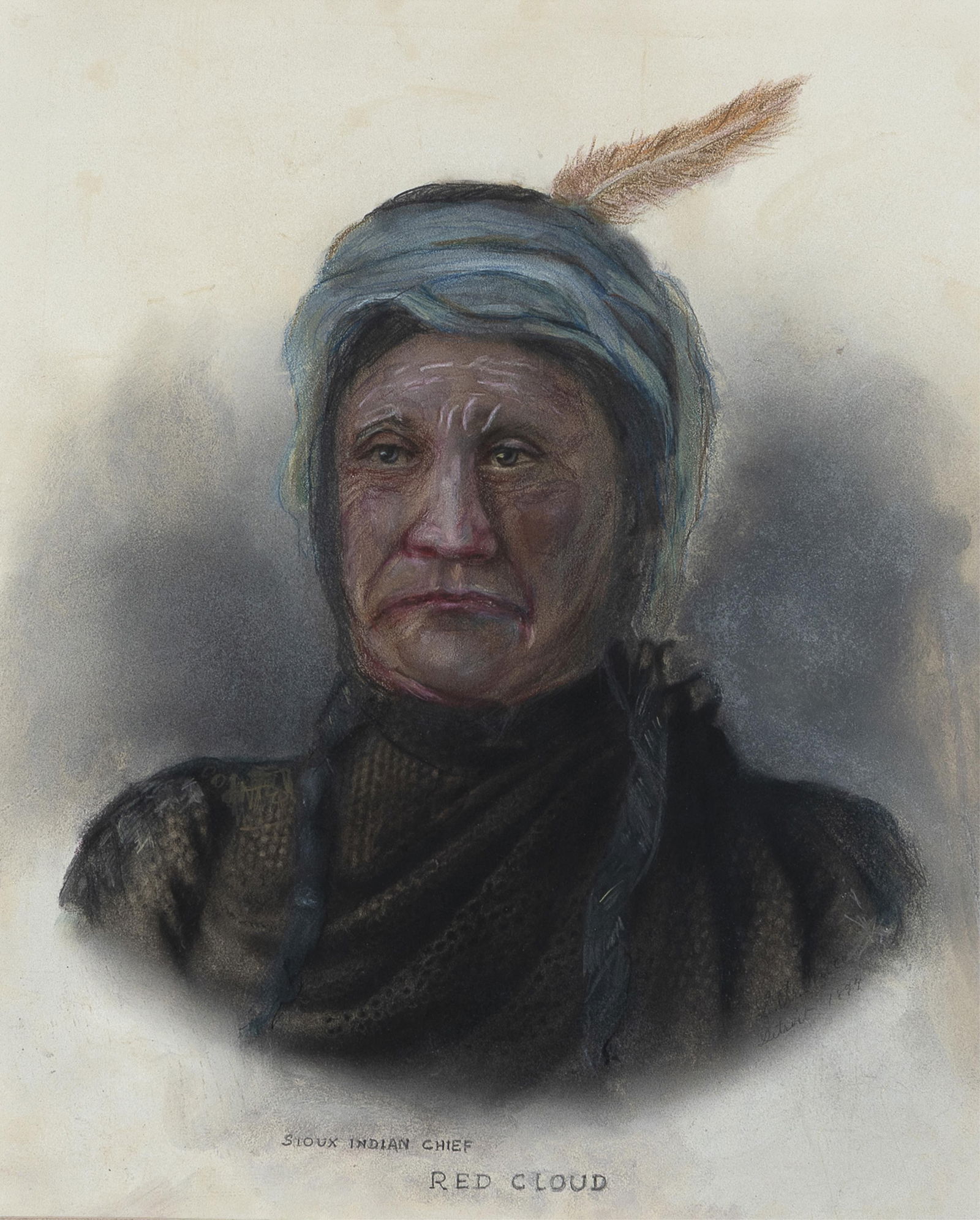 L. A. Null, Sioux Indian Chief - Red Cloud, Detroit, 1894: L. A. Null 19th/20th Century Sioux Indian Chief - Red Cloud, Detroit, 1894 pastel, graphite on board tilted lower center: Sioux Indian Chief / RED CLOUD signed and dated lower right: L.A. Null /