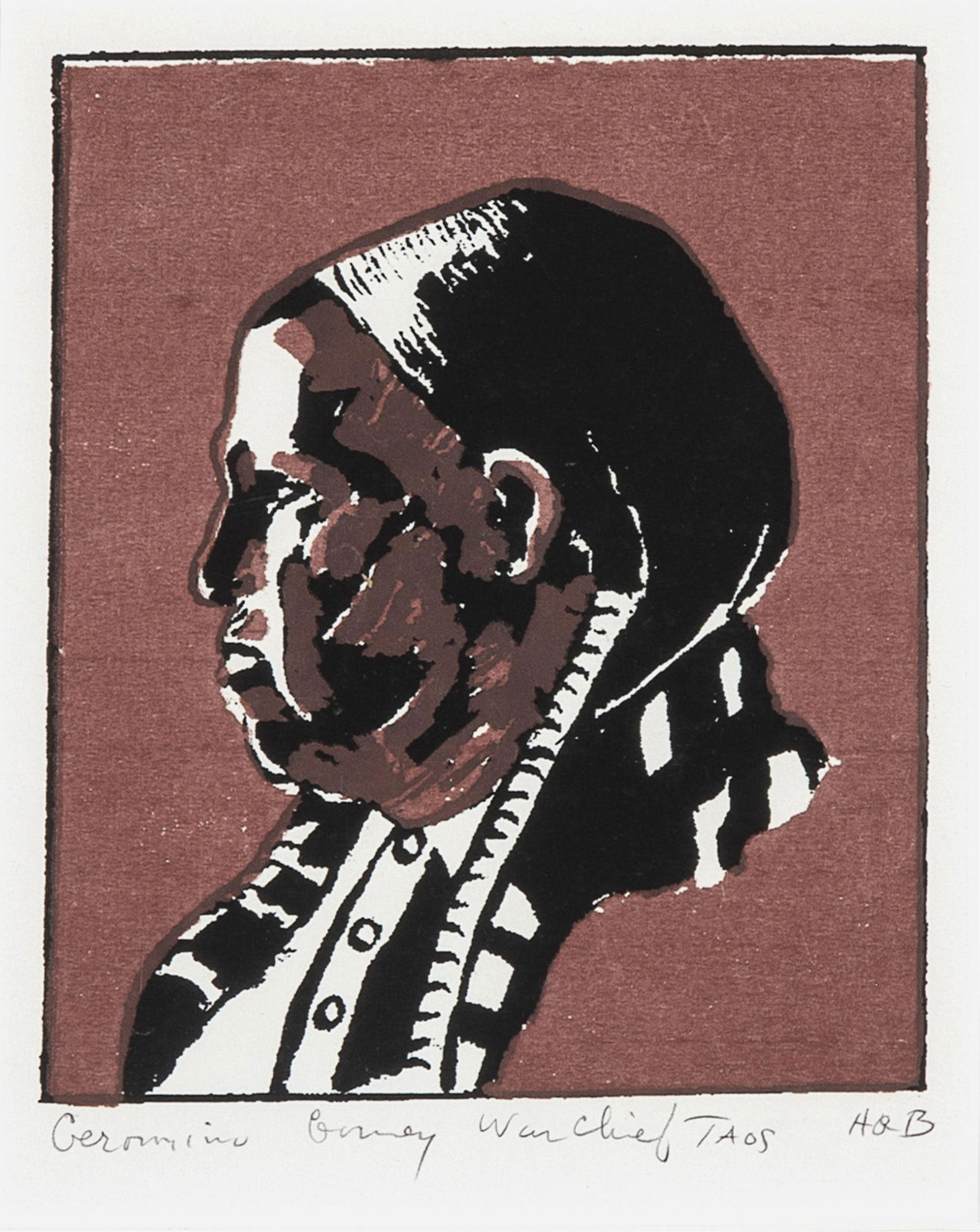 Helen Greene Blumenschein, Geronimo War Chief, Taos: Helen Greene Blumenschein 1909 - 1989 Geronimo War Chief, Taos serigraph titled lower left: Geronimo [indecipherable] War Chief TAOS initialed lower right: HGB 7 x 5 5/8 in. (17.8 x 14.3 cm.), frame: