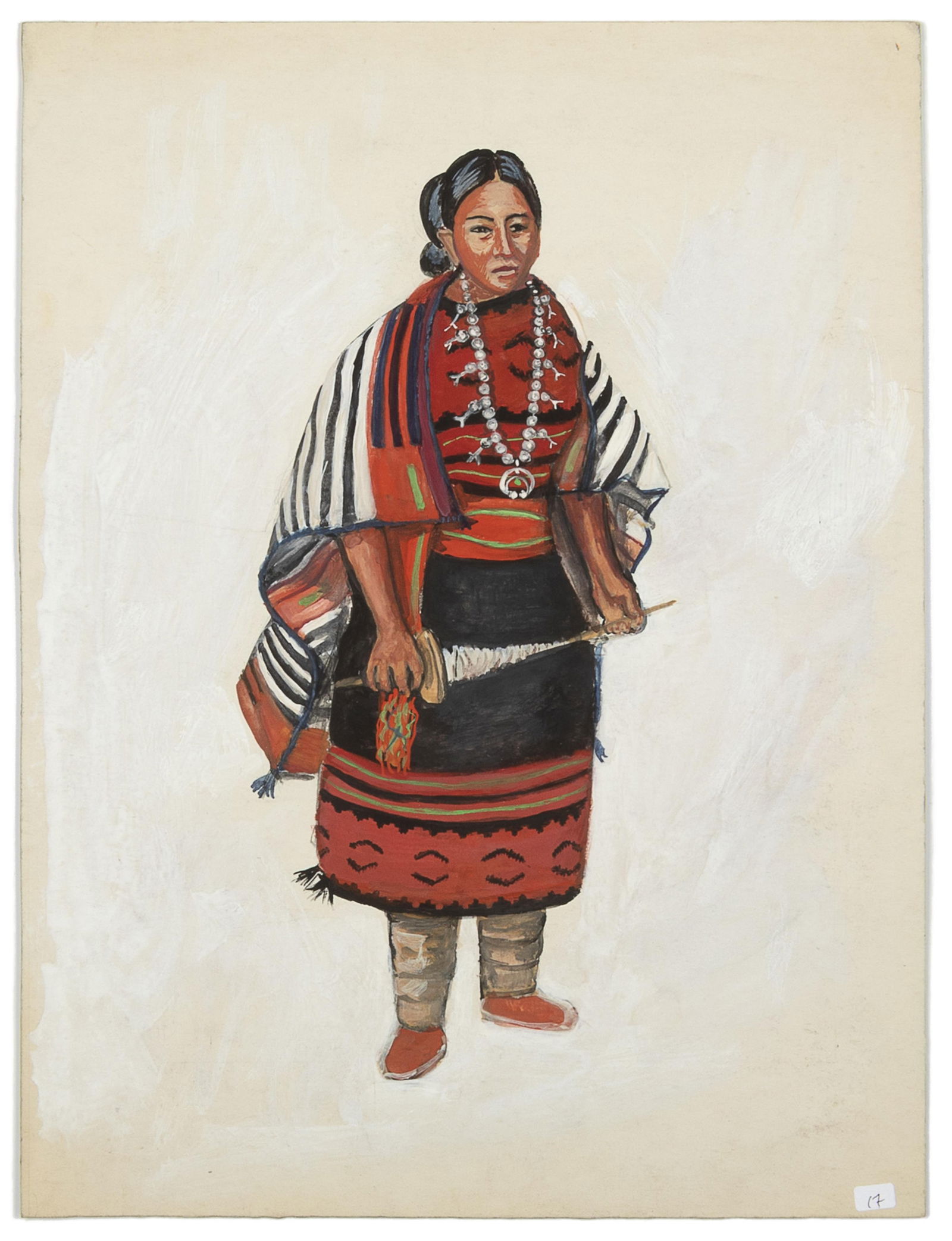 Beatrice Mandelman, Diné Woman Wearing Classic Blanket Dress: Beatrice Mandelman1912 - 1998Diné Woman Wearing Classic Blanket Dressgouache on composition boardunsigned, but titled with artist's name on verso withinscribed verso: UNM FOUNDATION - PROVENANCE18 1/
