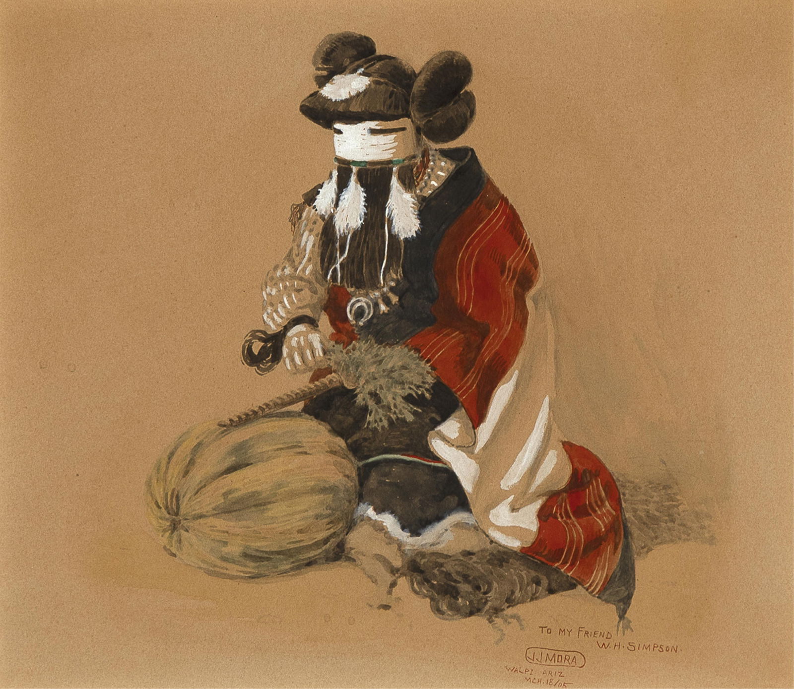 Joseph Jacinto Mora, Hopi Woman Preparing for Harvest Dance, 1905: Joseph Jacinto Mora 1876 - 1947 Hopi Woman Preparing for Harvest Dance, 1905 watercolor on board inscribed, signed, and dated lower right: TO MY FRIEND / W. H. SIMPSON. / JJ MORA / WALPI ARIZ. / MCH.