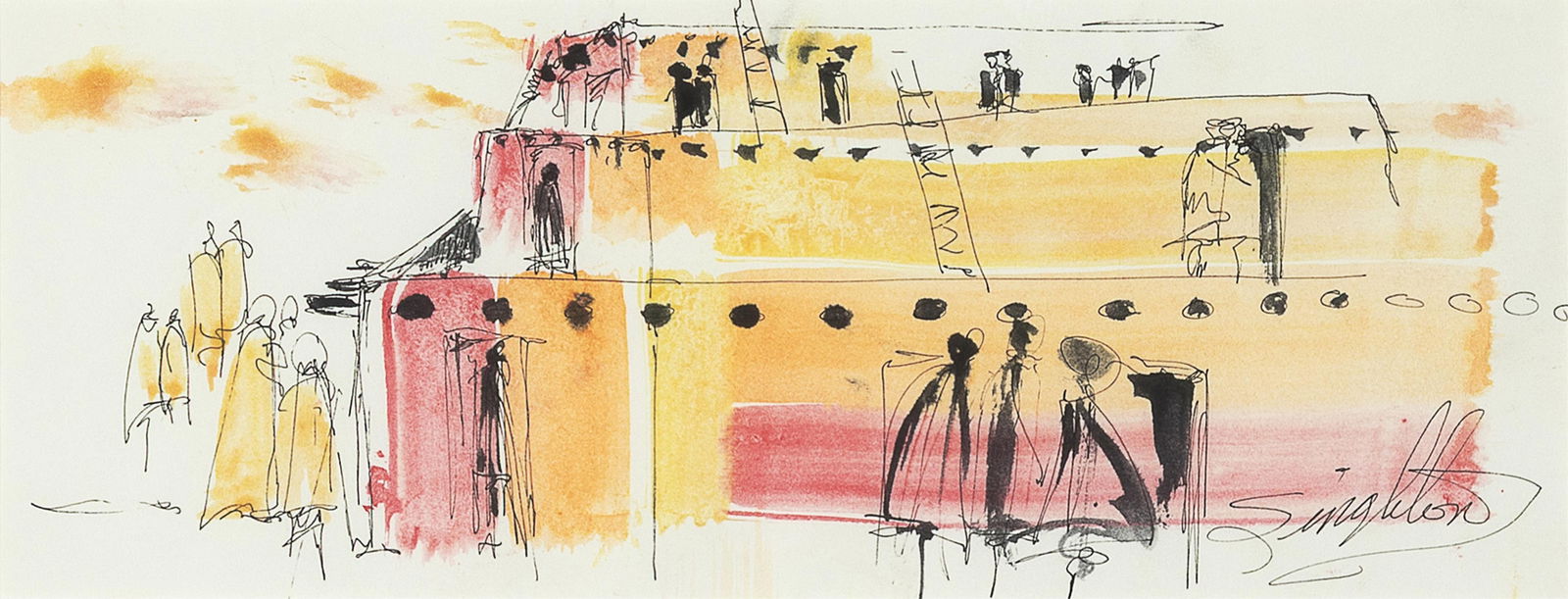 Gib Singleton, Pueblo, ca. 1970: Gib Singleton1936 - 2014Pueblo, ca. 1970ink, watercolor on papersigned lower right: Singleton4 1/2 x 11 1/2 in. (11.4 x 29.2 cm.), frame: 10 1/2 x 17 3/8 x 3/4 in. (26.7 x 44.1 x 1.9 cm.) Privat
