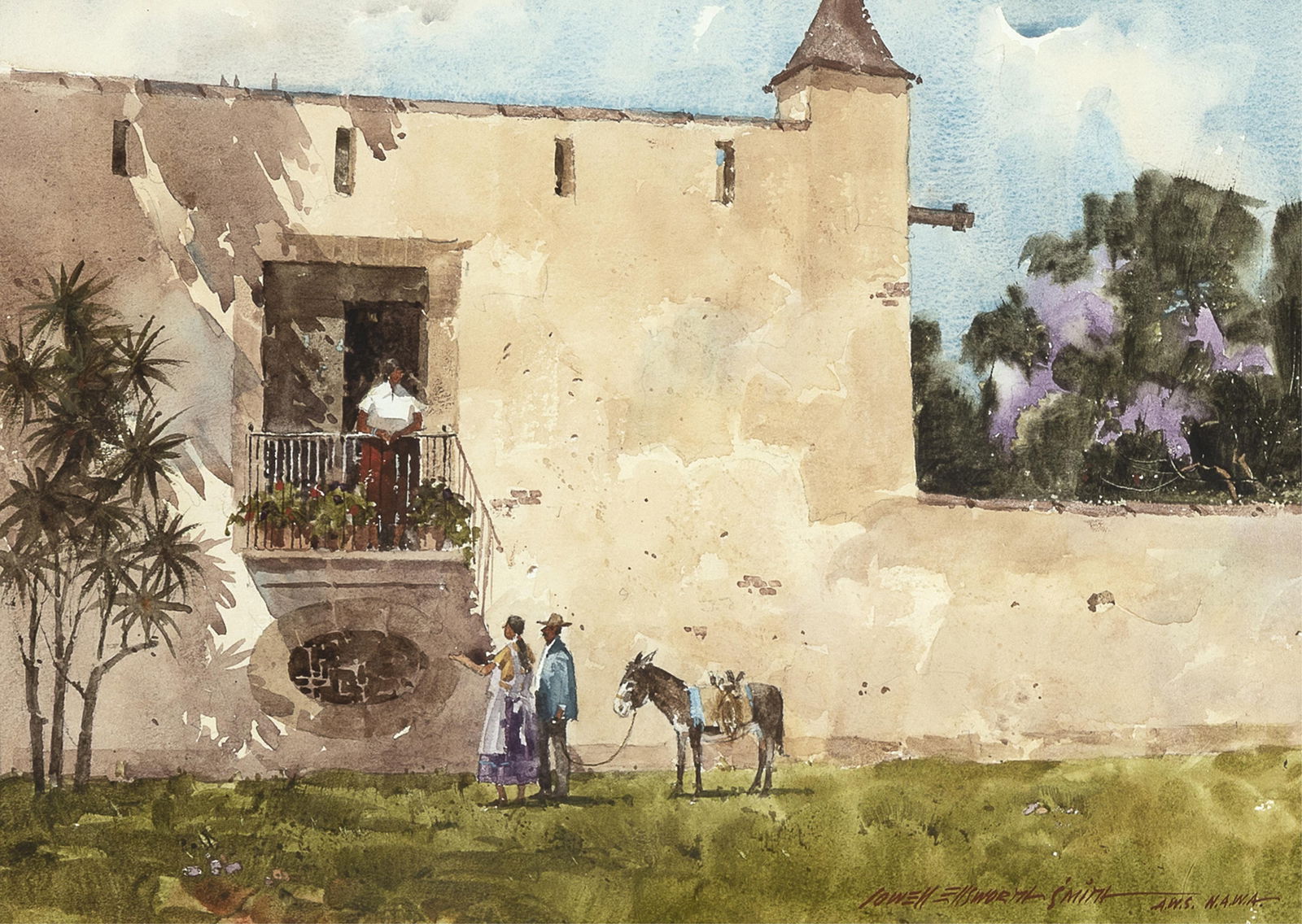 Lowell Ellsworth Smith, Conversation at the Hacienda, 1985: Lowell Ellsworth Smith 1924 - 2008 Conversation at the Hacienda, 1985 watercolor on paper signed lower right: LOWELL ELLSWORTH SMITH / A.W.S. N.A.W.A. inscribed verso: CONVERSATiON AT THE HACiENDA /