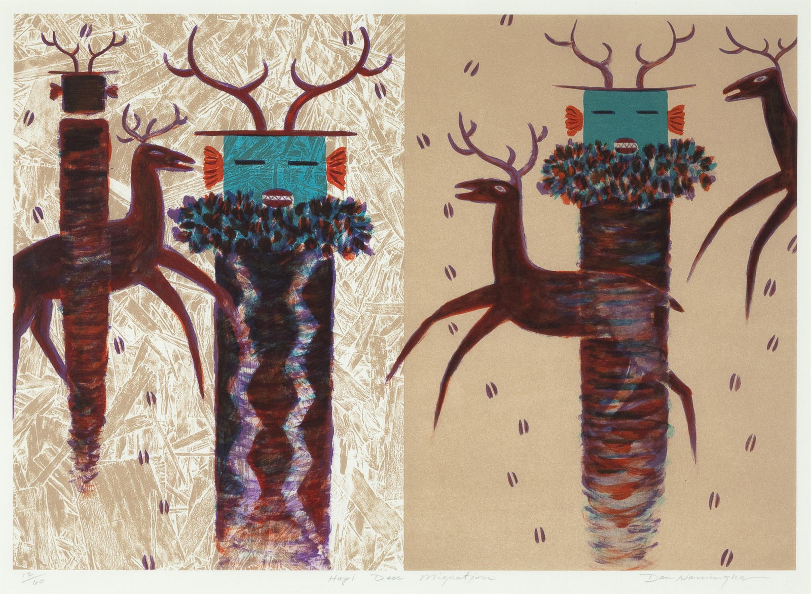 Dan Namingha, Hopi Deer Migration, ca. 1995: Dan NaminghaHopi, b. 1950Hopi Deer Migration, ca. 1995lithograph, edition 12 of 60editioned lower left: 12/60titled lower center: Hopi Deer Migrationsigned lower right: Dan Namingha16 1/4 x 22 i
