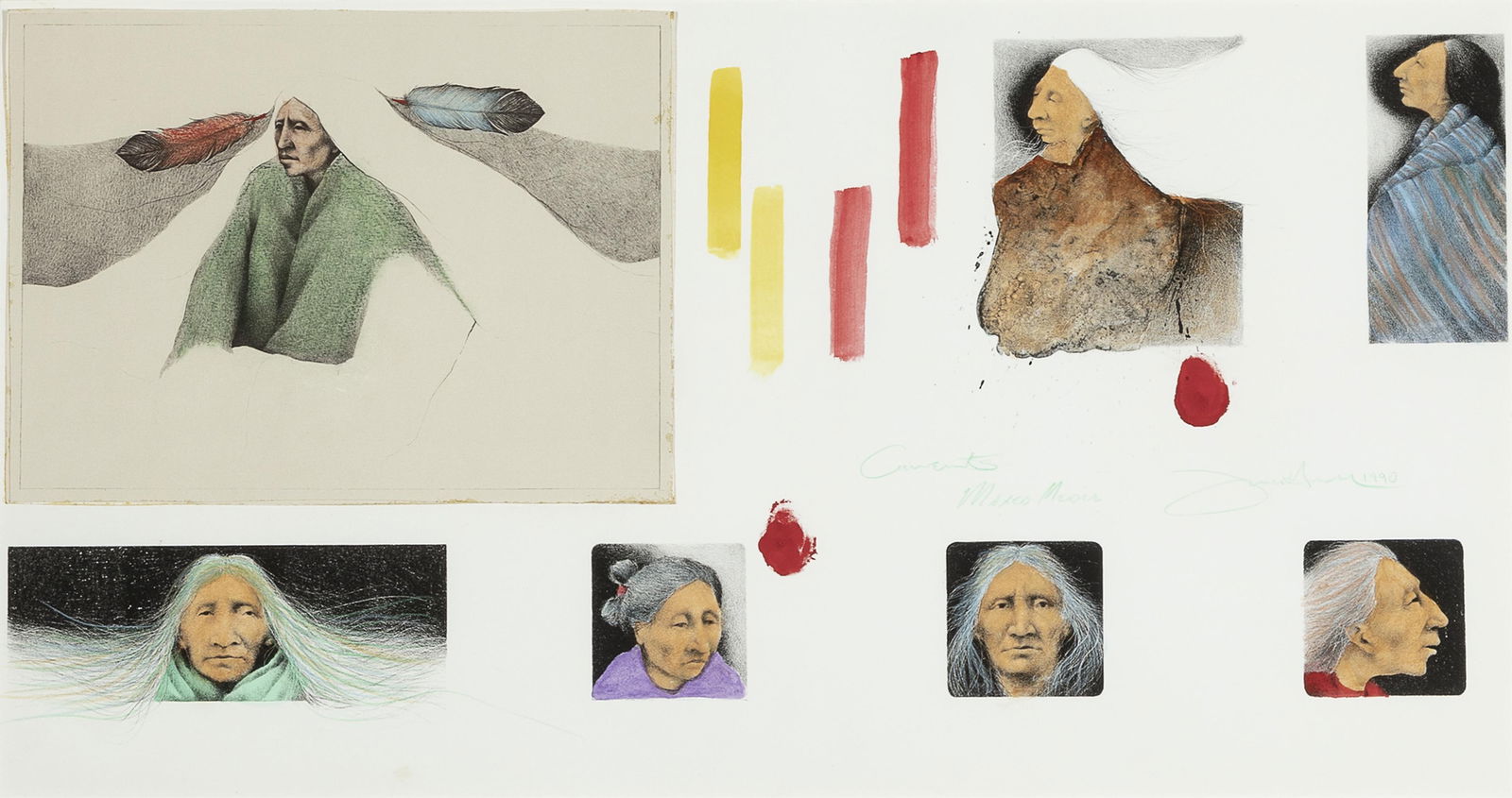 Frank Howell, Currents, 1990: Frank Howell Lakota Sioux, 1937 - 1997 Currents, 1990 lithograph, colored pencil, acrylic titled center: Currents signed and dated center: Frank Howell 1990 inscribed center: Mixed Media 12 3/4 x 24